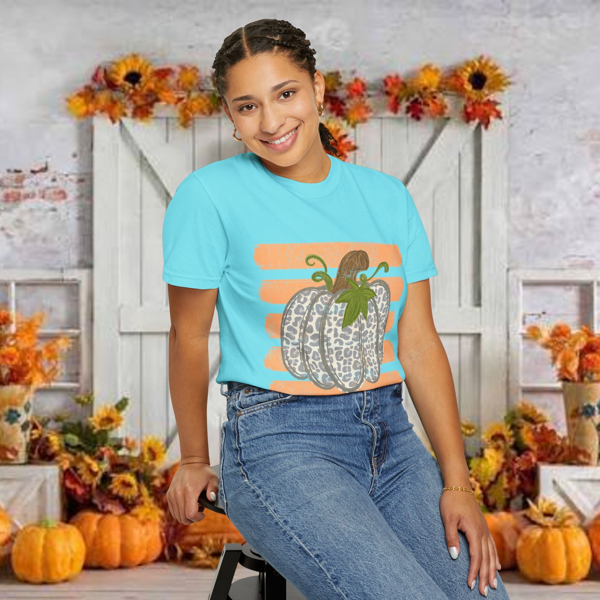 Pumpkin Stripes T-Shirt — Leopard Print Pumpkin Fall Tee