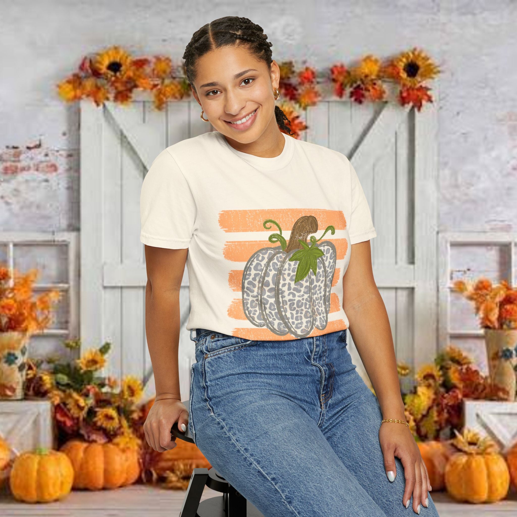 Pumpkin Stripes T-Shirt — Leopard Print Pumpkin Fall Tee