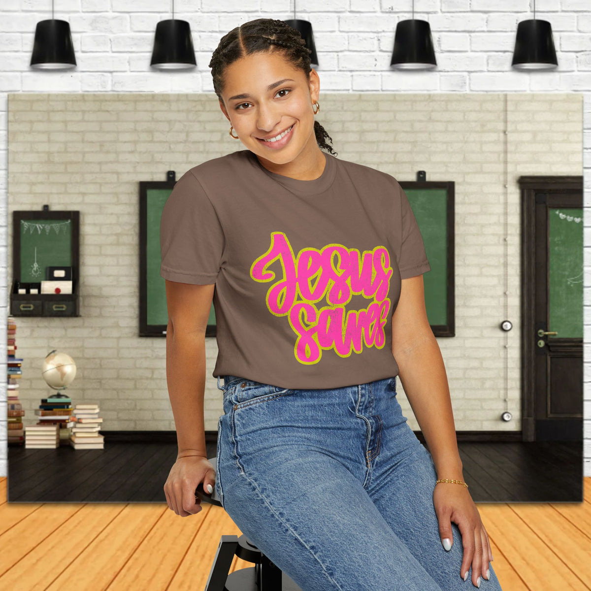 Jesus Saves T‑Shirt — Bright Pink & Green Christian Graphic Tee