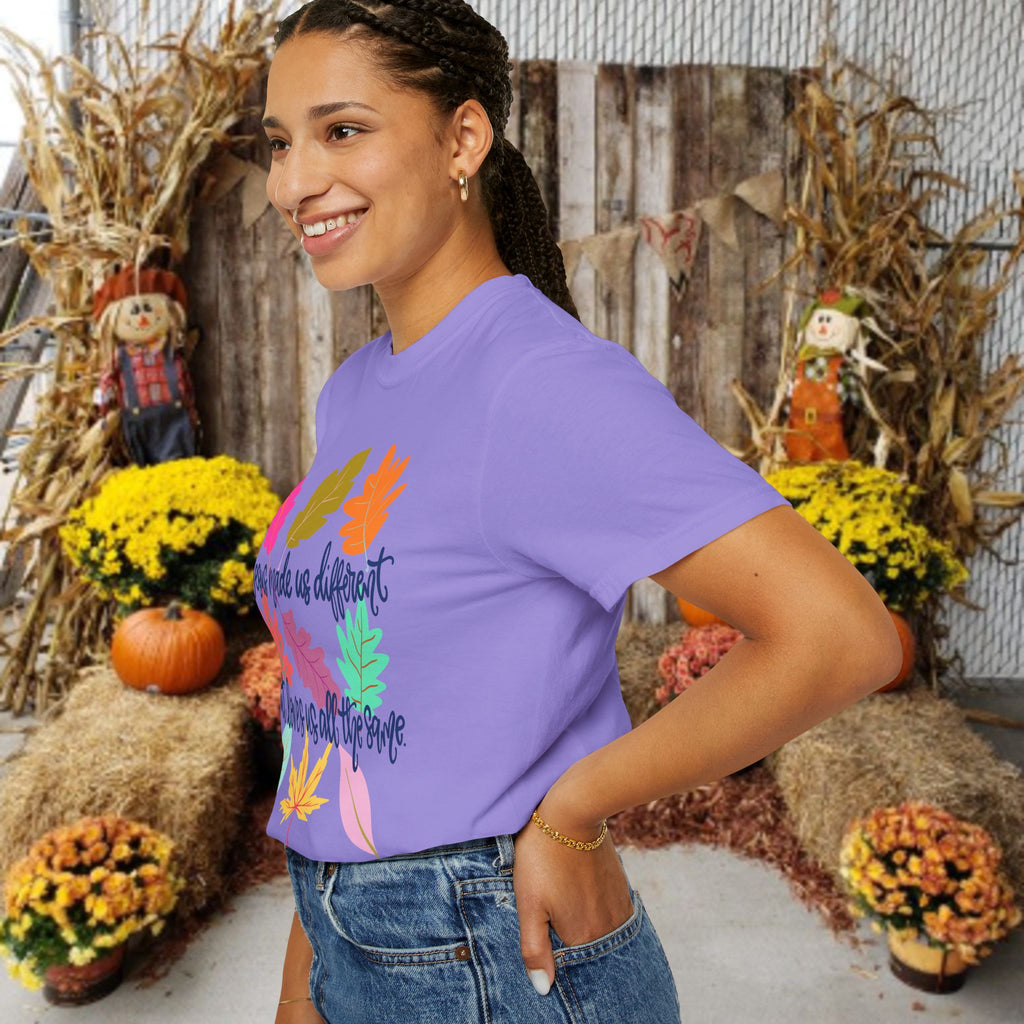 Christian Fall T-Shirt — "Jesus Made Us Different But Loves Us All The Same" (Colorful Leaves)