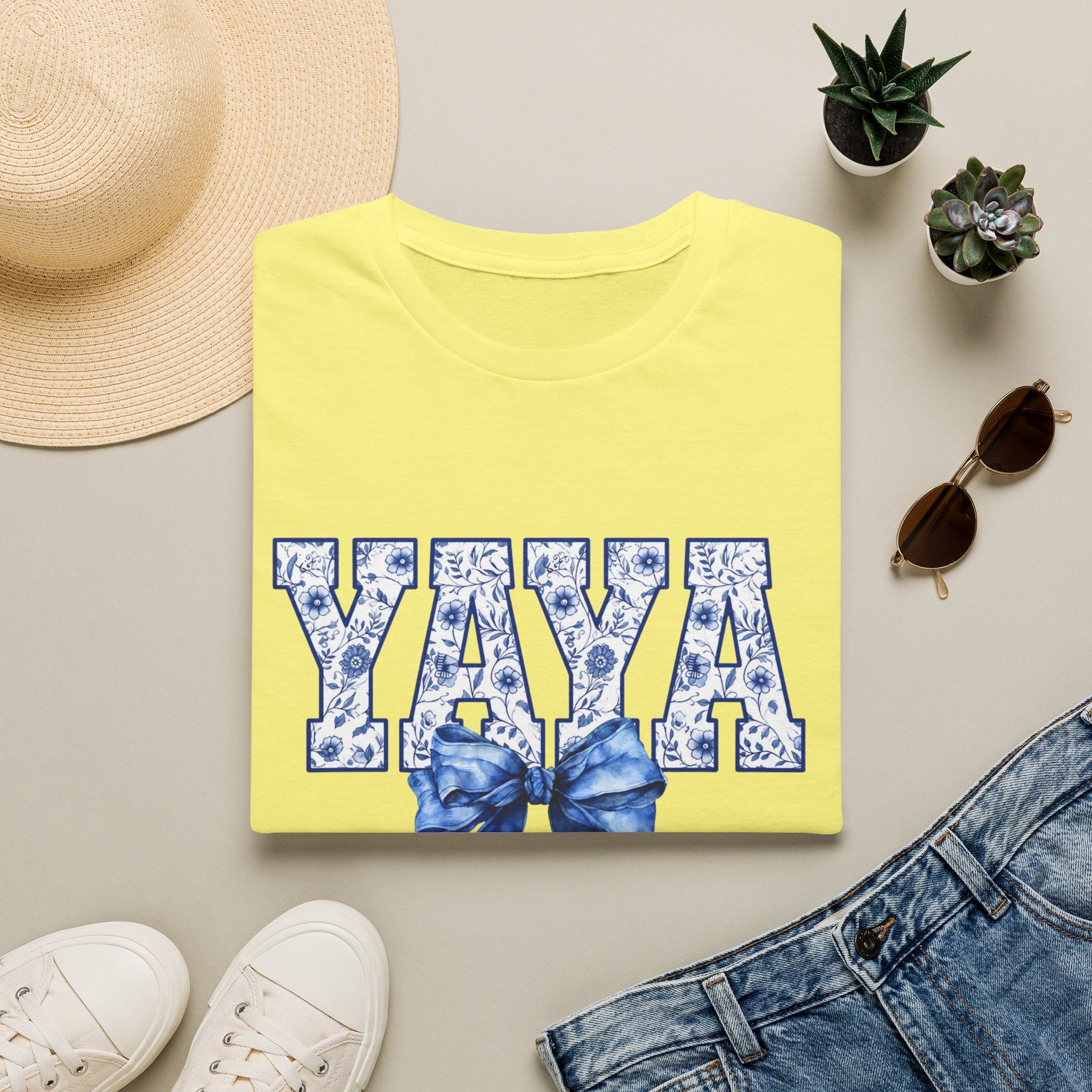 Yaya Floral Block Tee — 'YAYA' Blue Floral Design with Bow