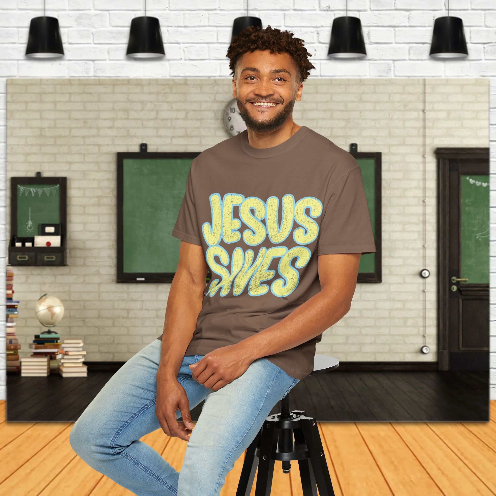 Jesus Saves T‑Shirt — Retro Bubble Text Christian Faith Tee