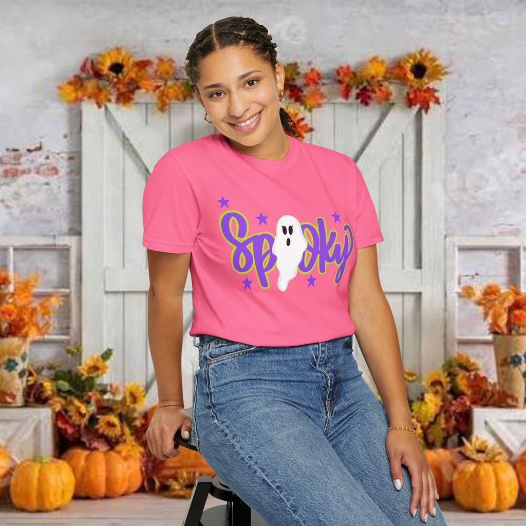 Spooky Ghost Halloween T-Shirt — Orange Graphic Tee with Cute Ghost & Stars