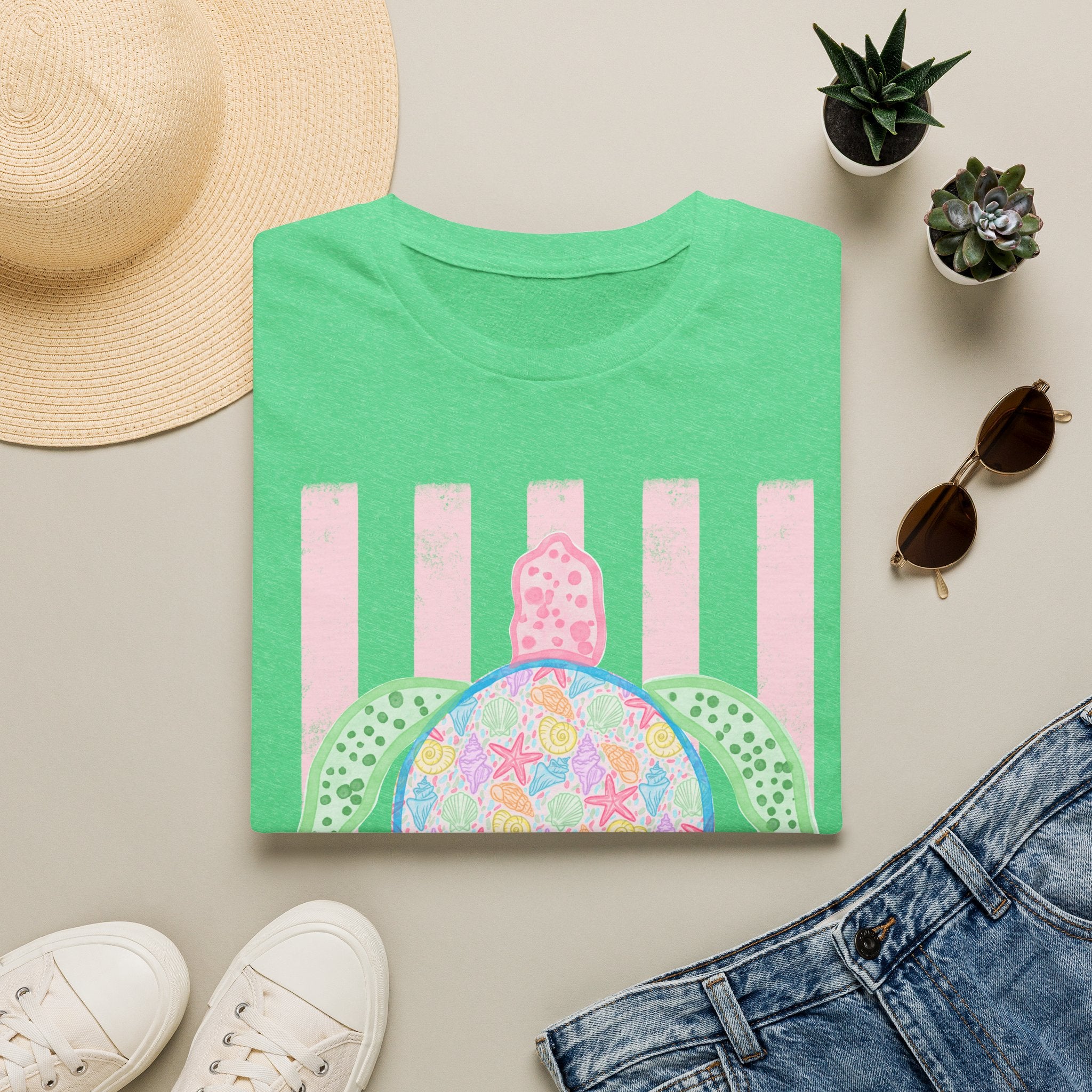 Sea Turtle Beach T-Shirt — Pastel Floral Turtle on Pink Stripes