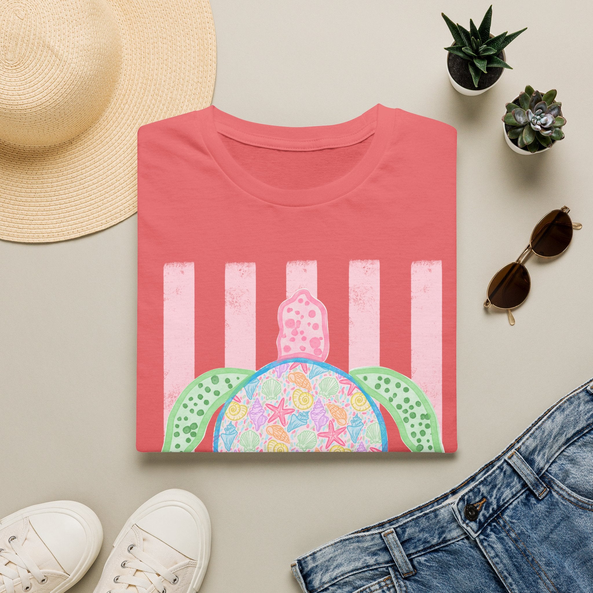 Sea Turtle Beach T-Shirt — Pastel Floral Turtle on Pink Stripes