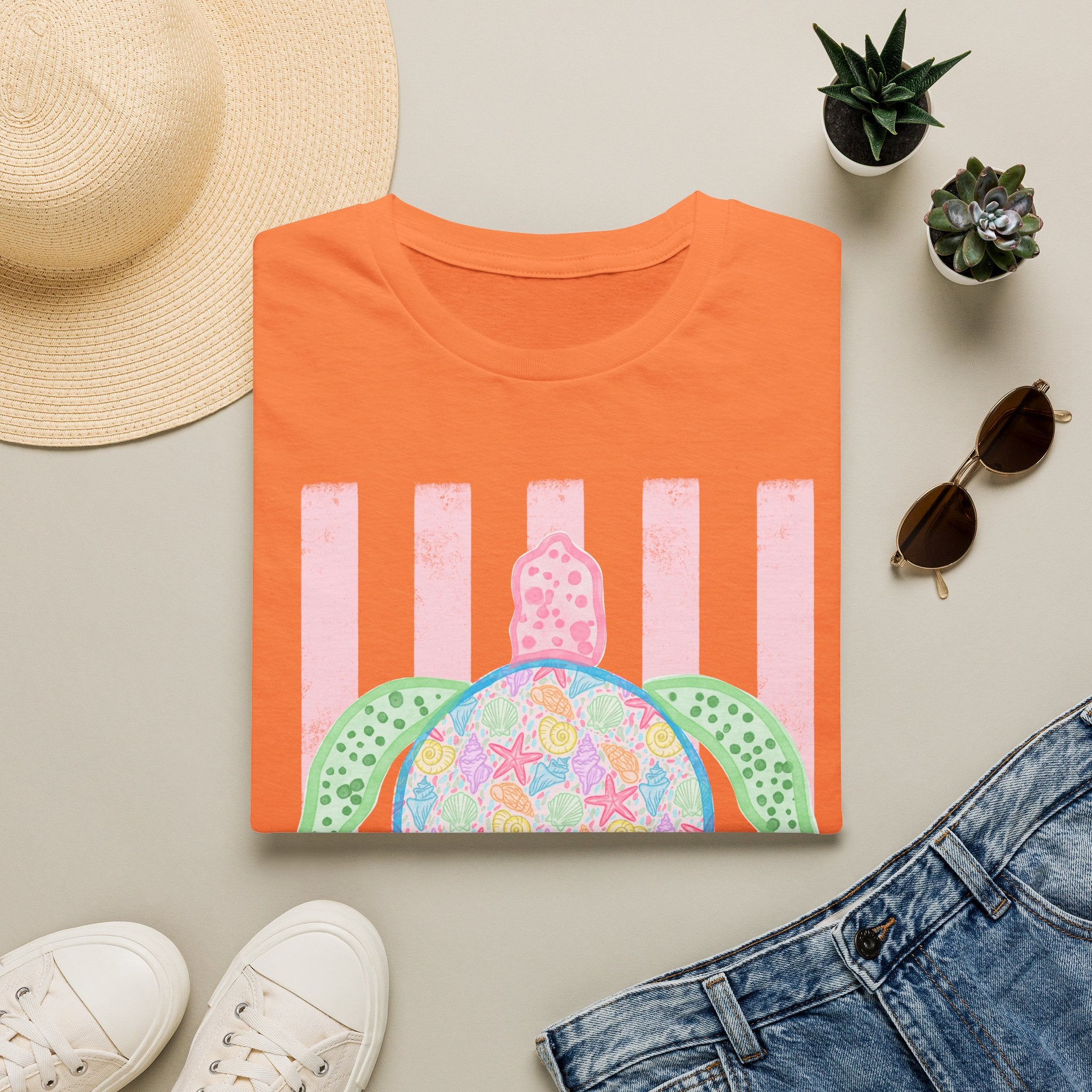Sea Turtle Beach T-Shirt — Pastel Floral Turtle on Pink Stripes