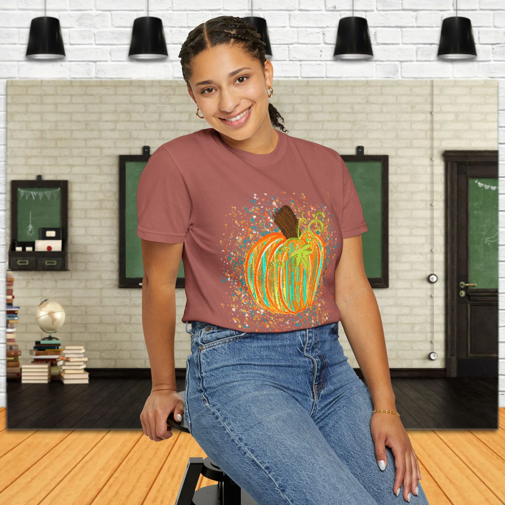 Paint-Splash Pumpkin T-Shirt — Colorful Fall Halloween Tee