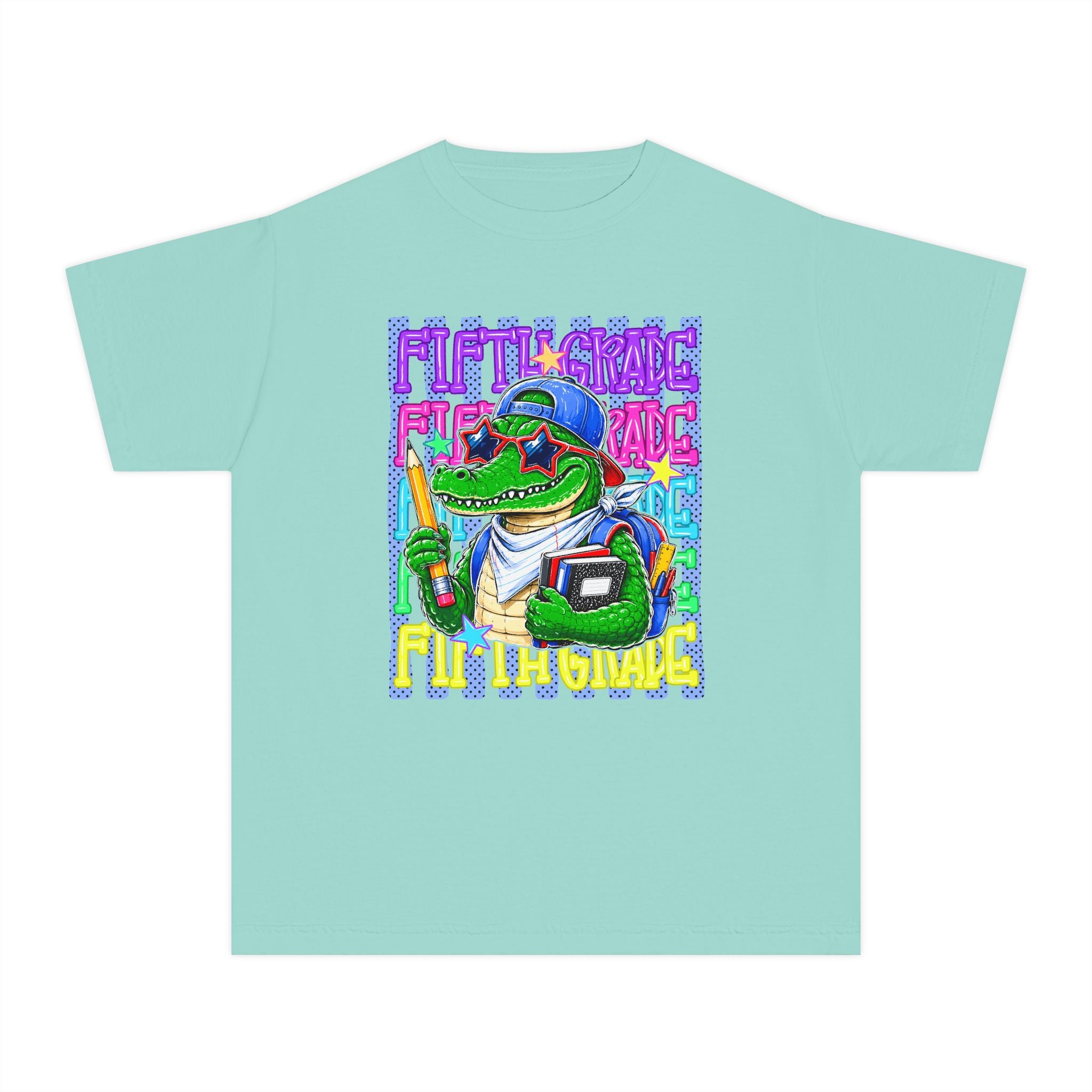 Youth Tee — Colorful Back-to-School Alligator Graphic "Fifth Grade"