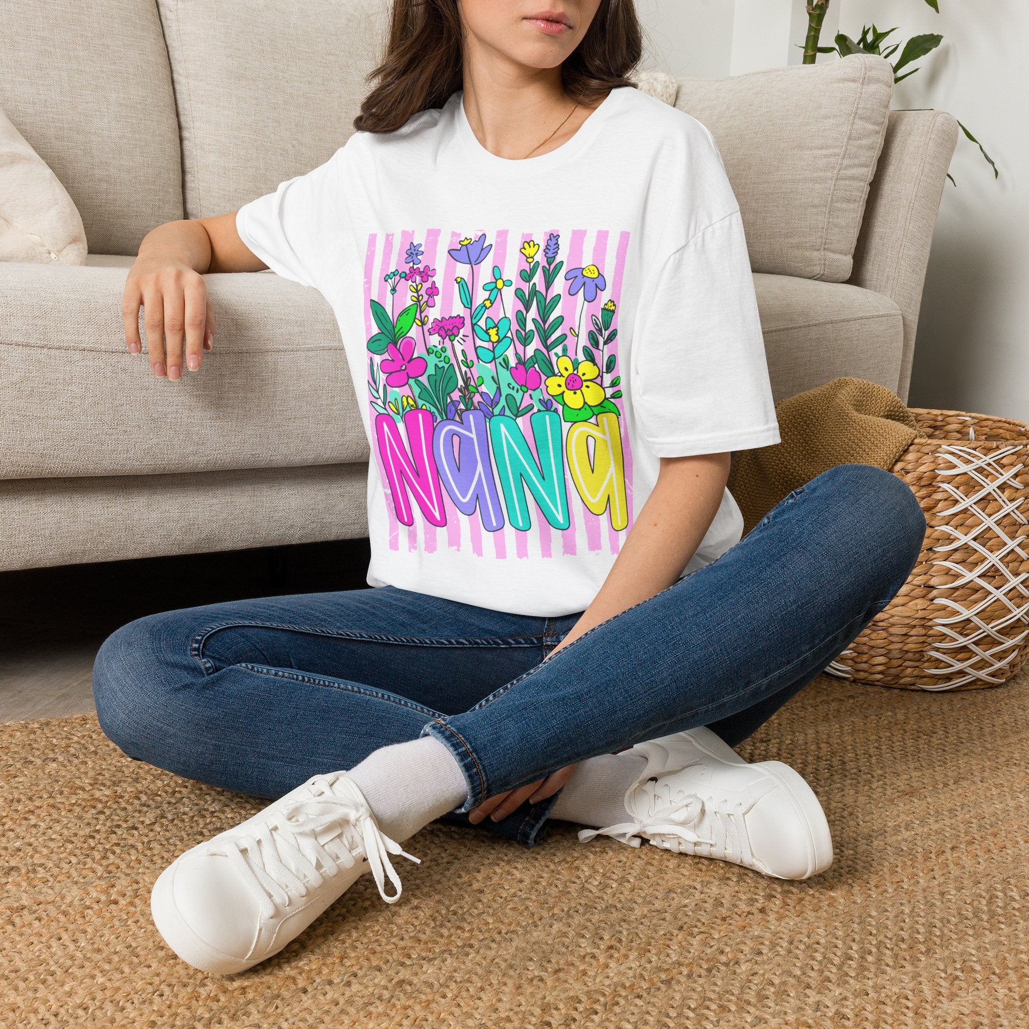 Floral Stripe "NANA" T-Shirt — Bright Garden Grandma Gift