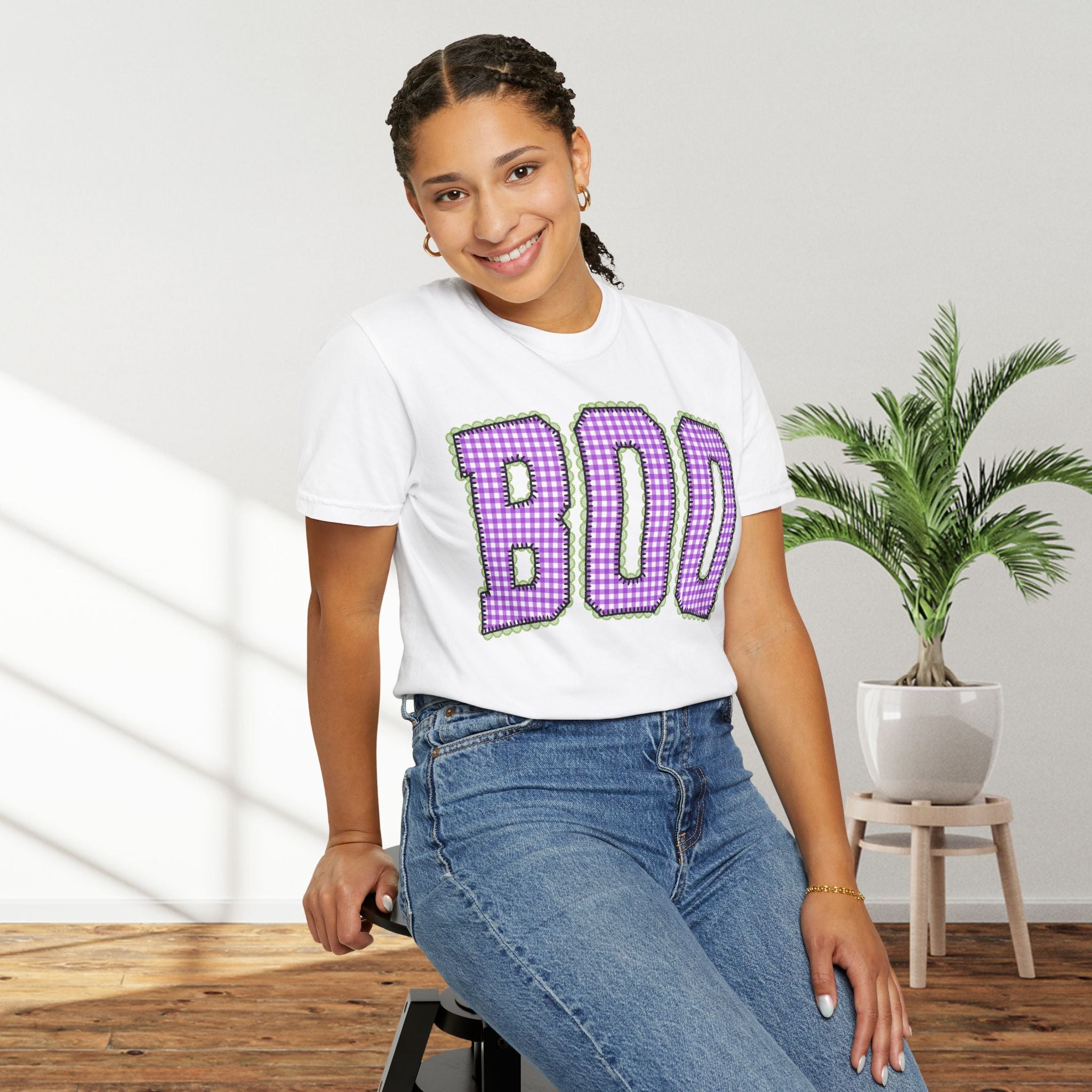 BOO Graphic T-Shirt — Purple Plaid Halloween Tee