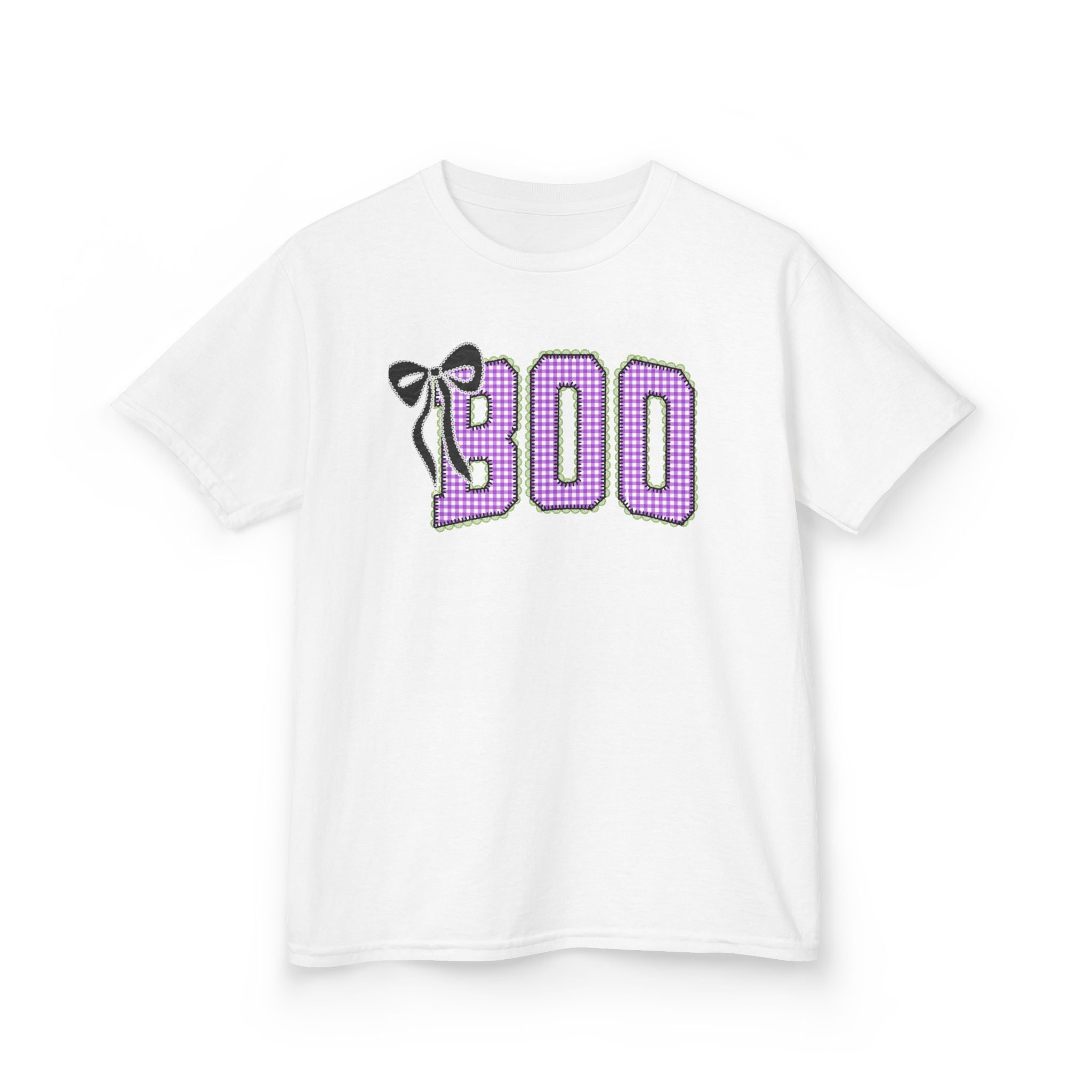 Kids Tee — 'BOO' Purple Gingham Halloween Shirt with Bat Accent
