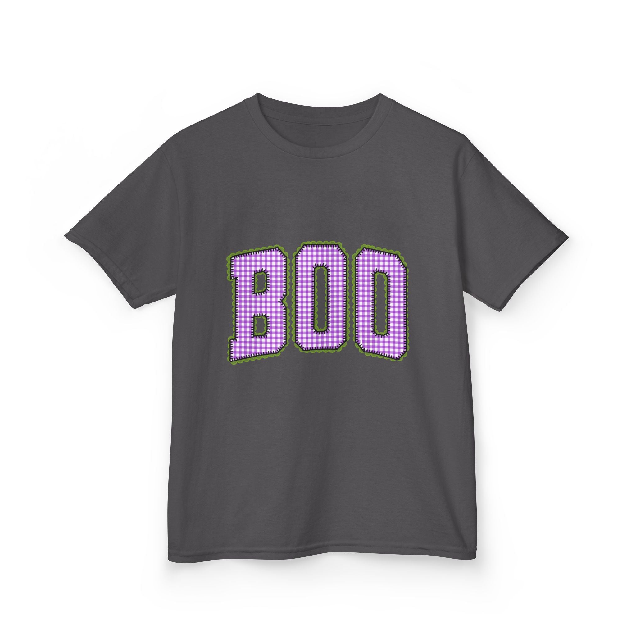 Kids Tee — 'BOO' Purple Ginghma Halloween Shirt