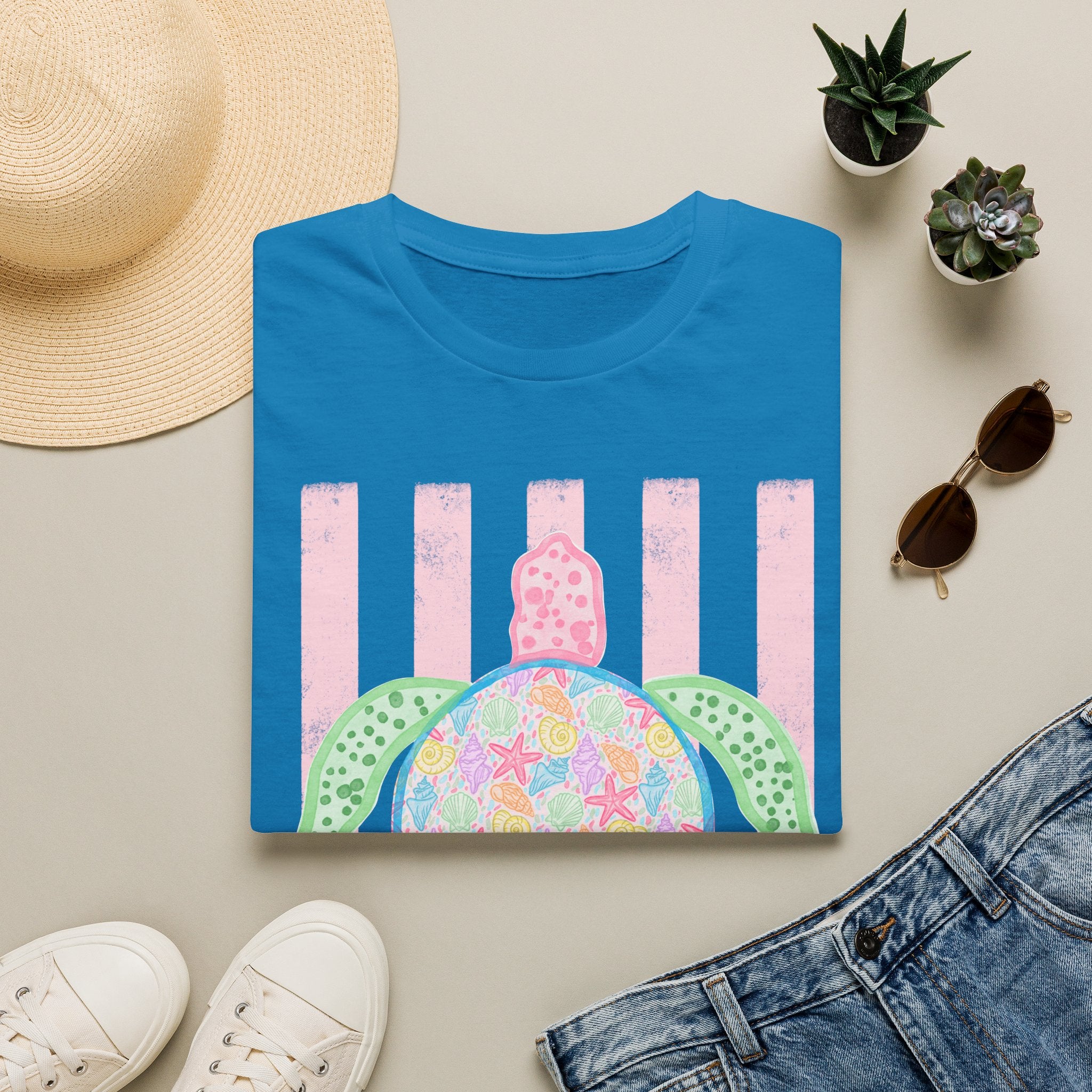 Sea Turtle Beach T-Shirt — Pastel Floral Turtle on Pink Stripes