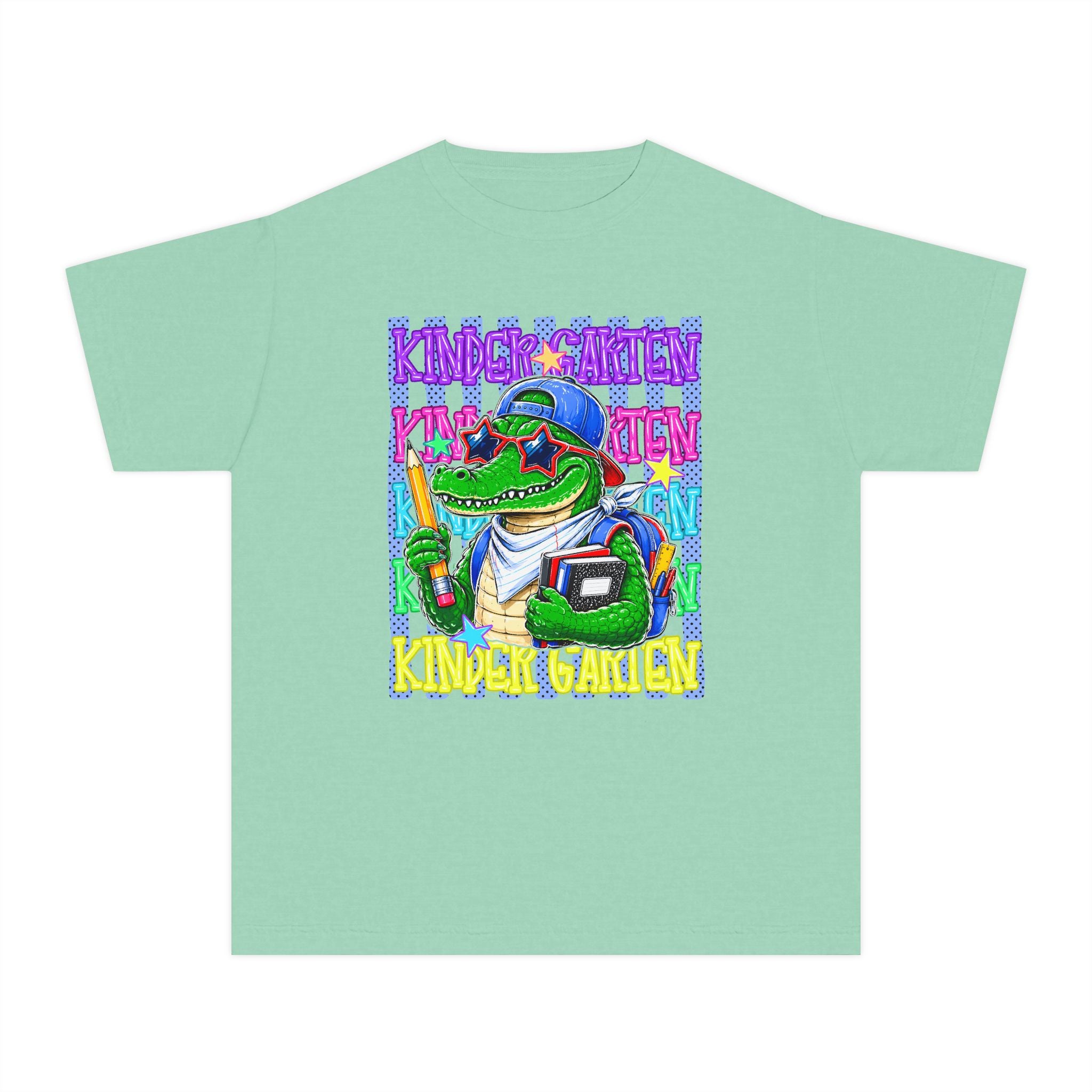 Kids Gator Teacher Tee — "Kindergarten" Colorful Alligator School Shirt
