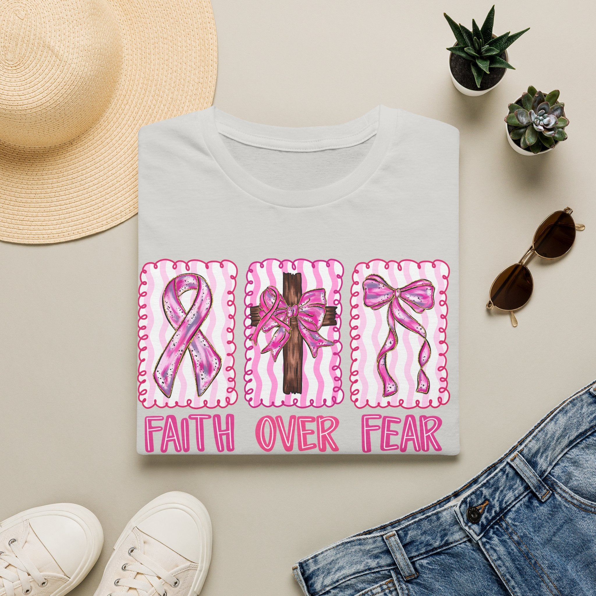 Breast Cancer Awareness T-Shirt - "Faith Over Fear" Pink Ribbon Tee