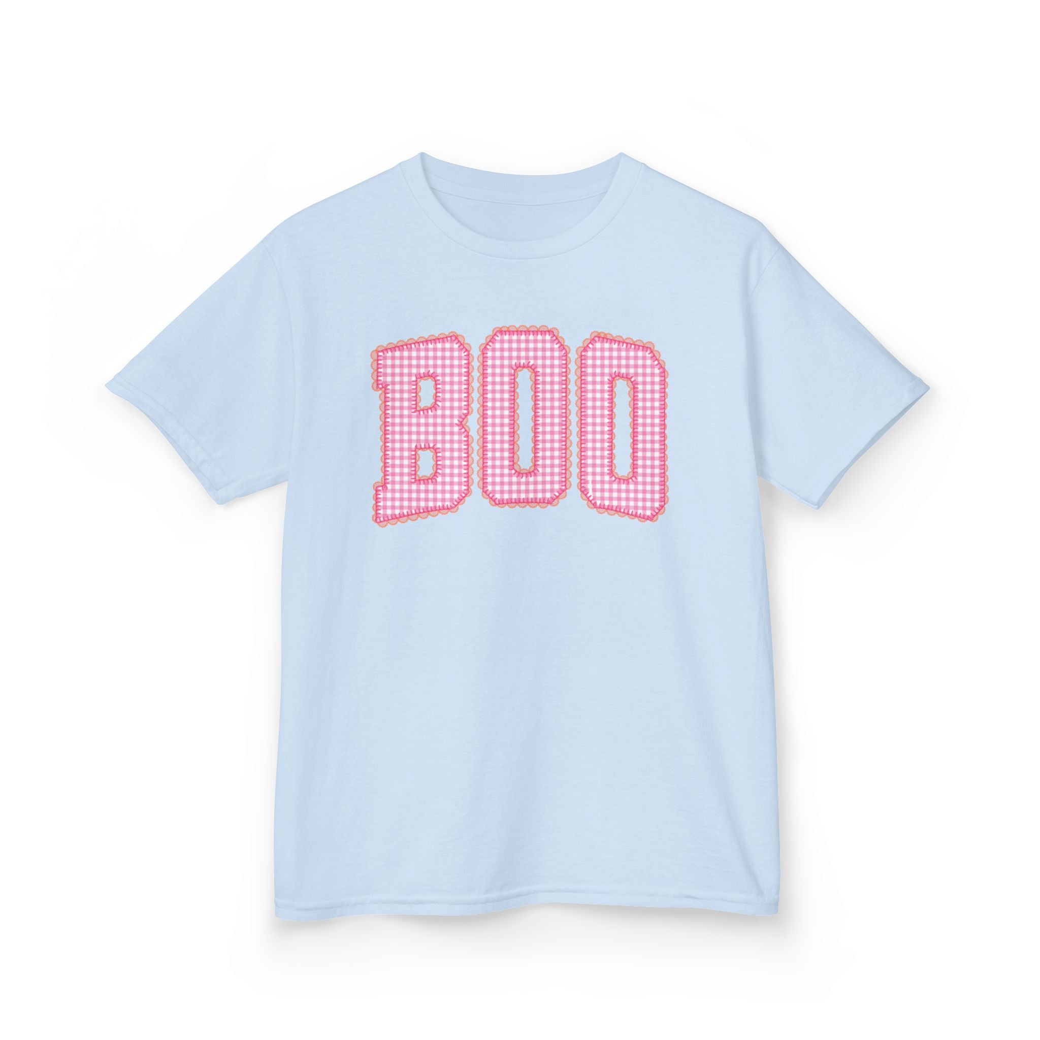 Kids 'BOO' Halloween Tee — Pink Gingham Lettering