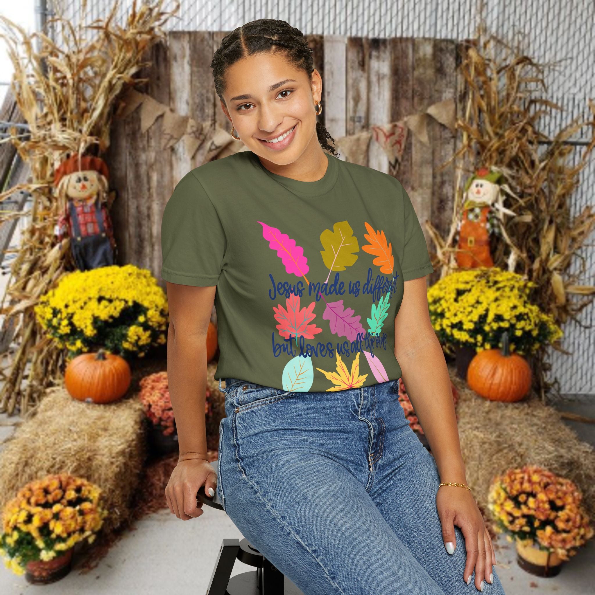 Christian Fall T-Shirt — "Jesus Made Us Different But Loves Us All The Same" (Colorful Leaves)