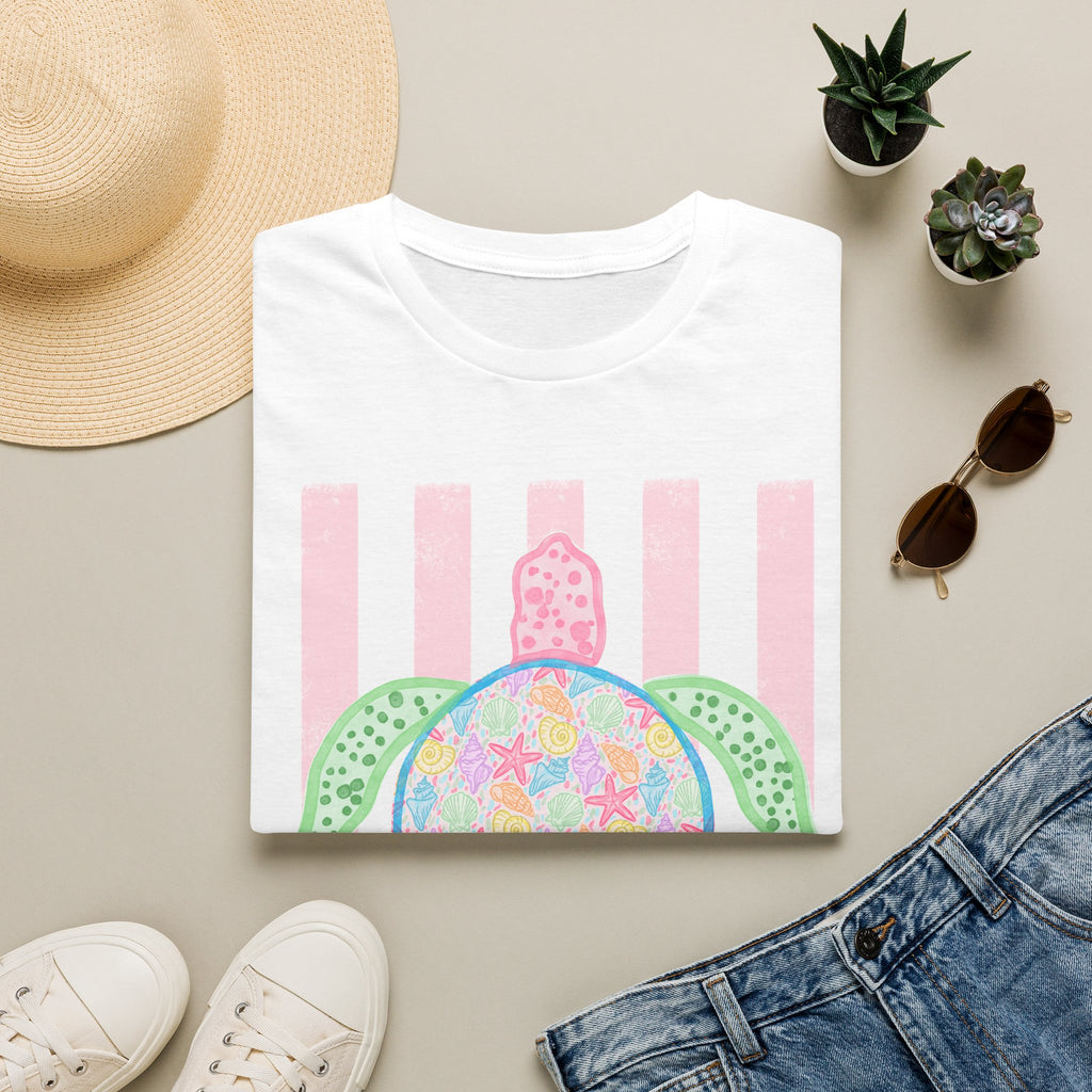 Sea Turtle Beach T-Shirt — Pastel Floral Turtle on Pink Stripes