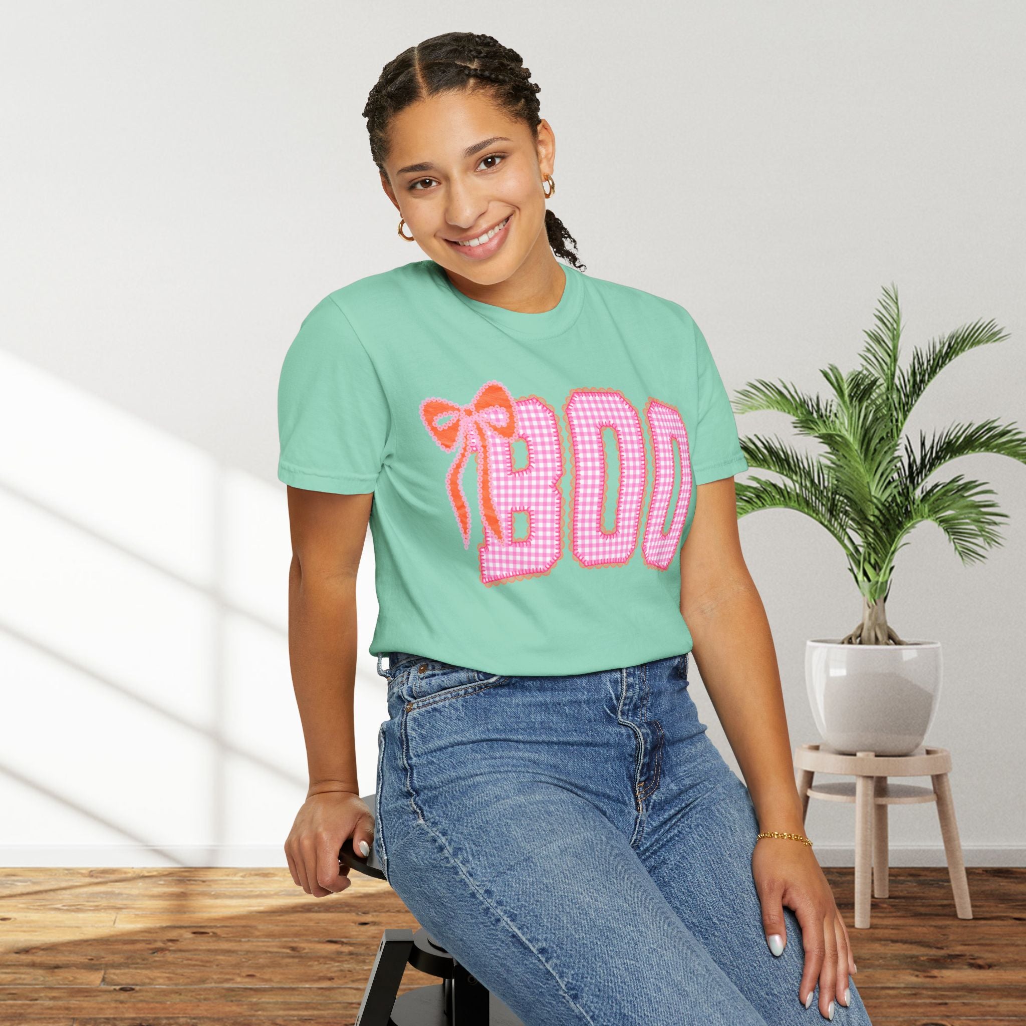 Boo Pink Gingham Graphic T-Shirt with bow