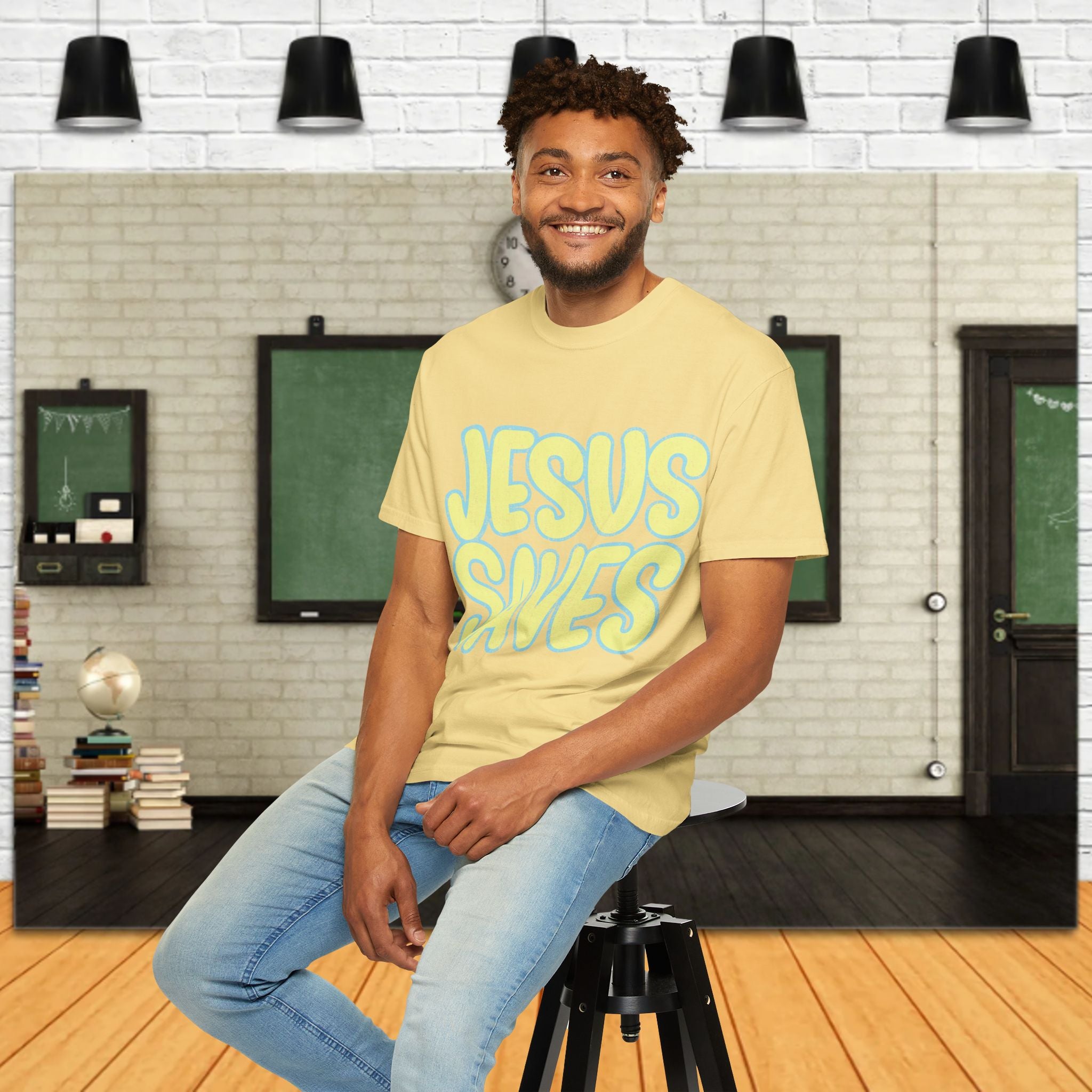 Jesus Saves T‑Shirt — Retro Bubble Text Christian Faith Tee