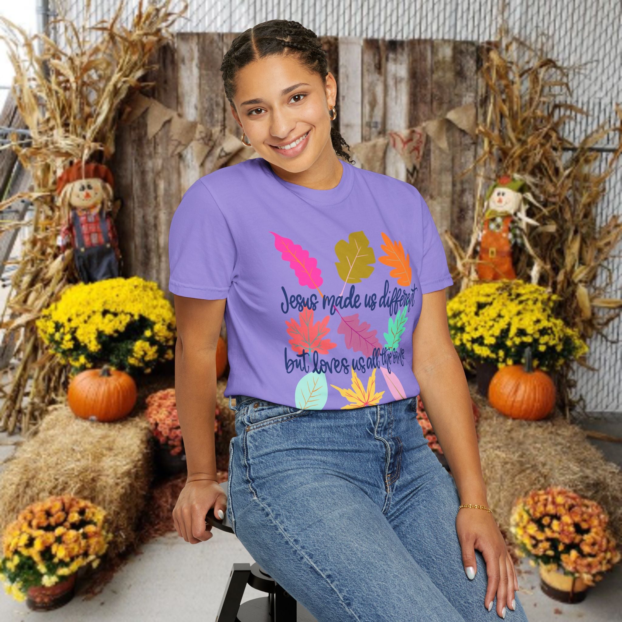 Christian Fall T-Shirt — "Jesus Made Us Different But Loves Us All The Same" (Colorful Leaves)