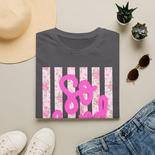 "So Loved" Pink Script Floral Stripe Graphic Tee
