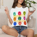 Happiest in small town-Happy Faces Smiley Grid T-Shirt — Colorful Retro Pop Graphic Tee