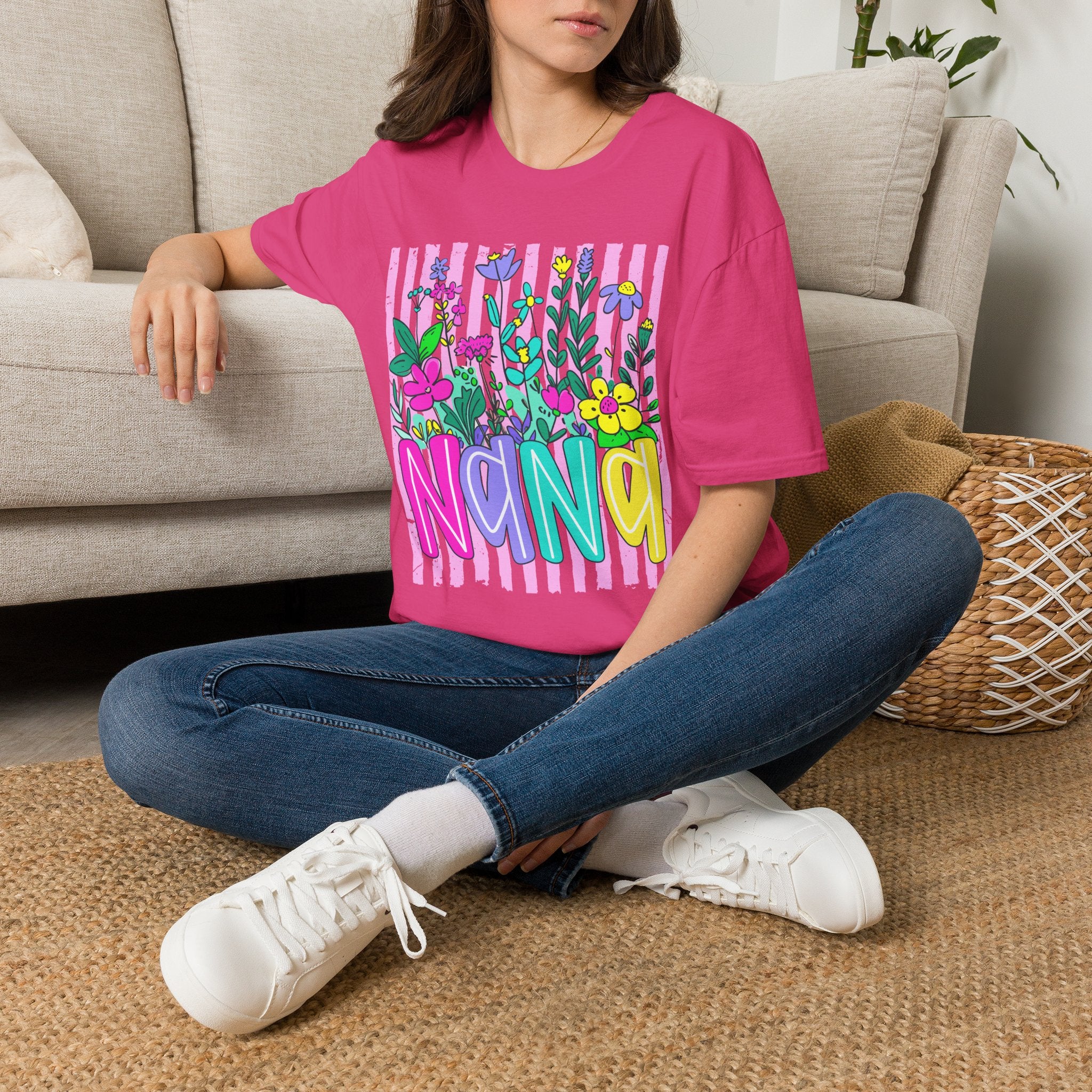 Floral Stripe "NANA" T-Shirt — Bright Garden Grandma Gift