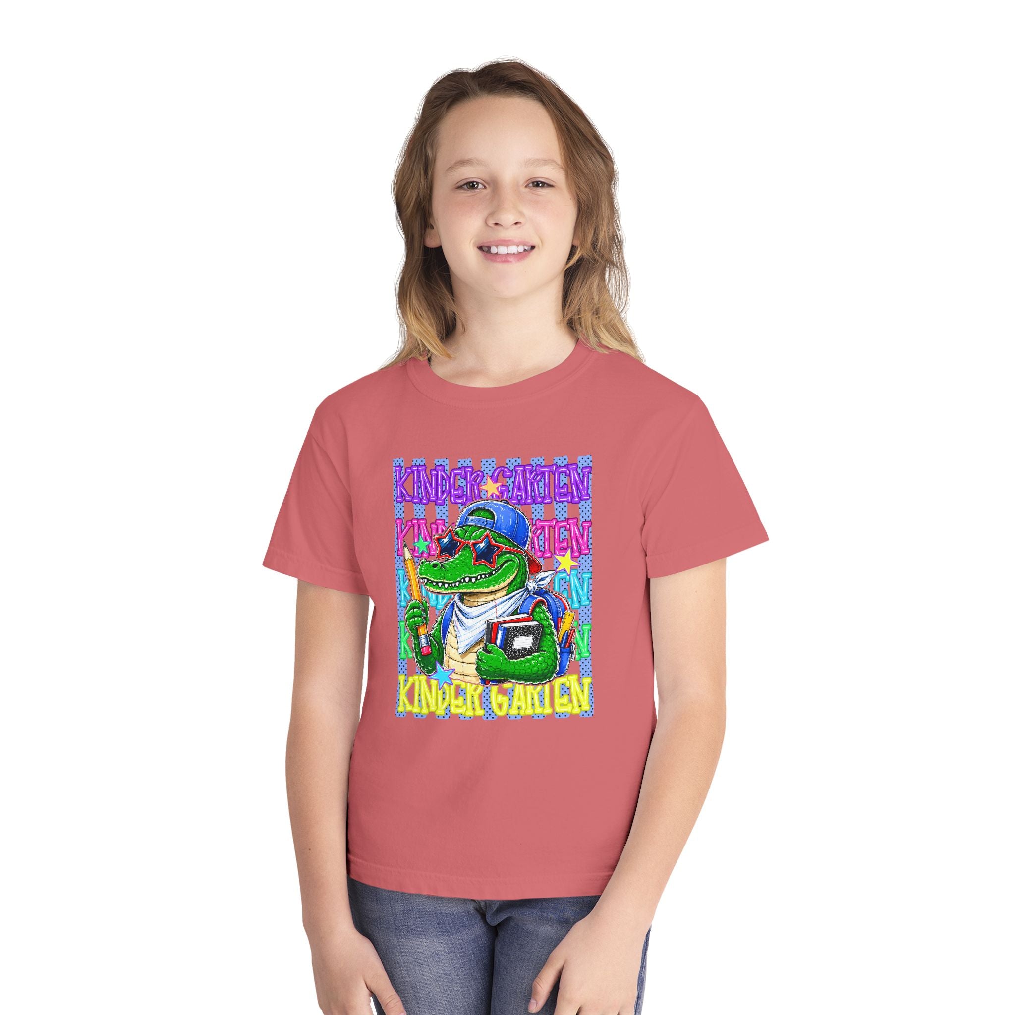 Kids Gator Teacher Tee — "Kindergarten" Colorful Alligator School Shirt