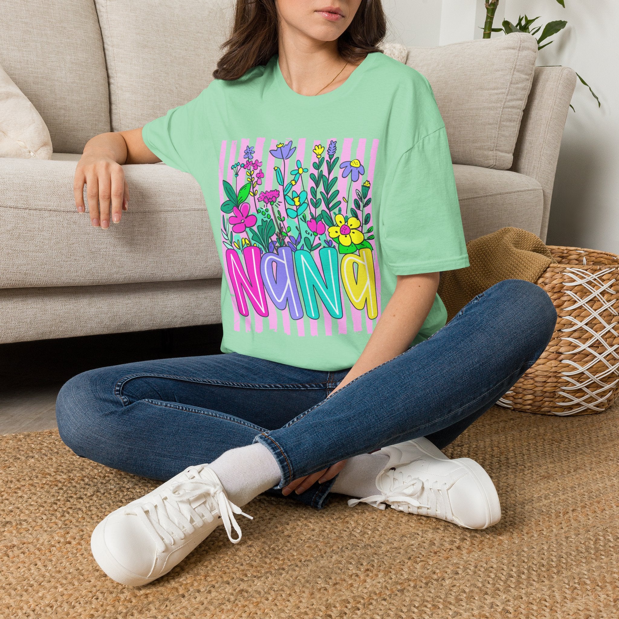 Floral Stripe "NANA" T-Shirt — Bright Garden Grandma Gift