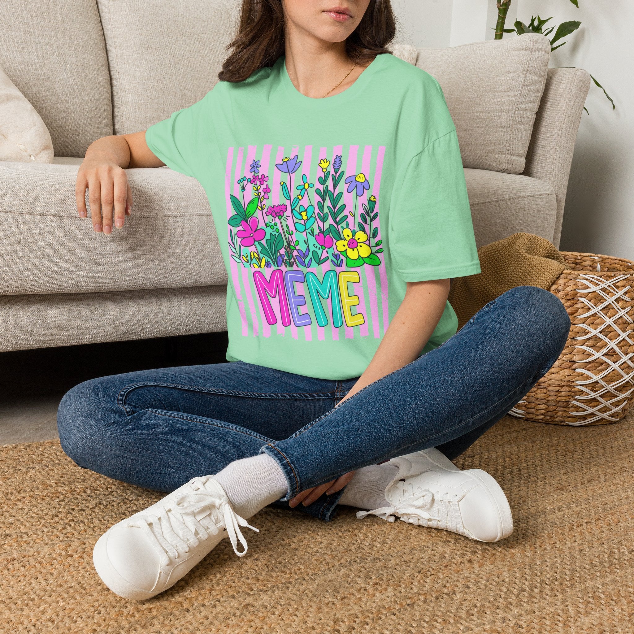 Floral 'I Meme' Tee — Bright Retro Striped Flower Graphic T-Shirt