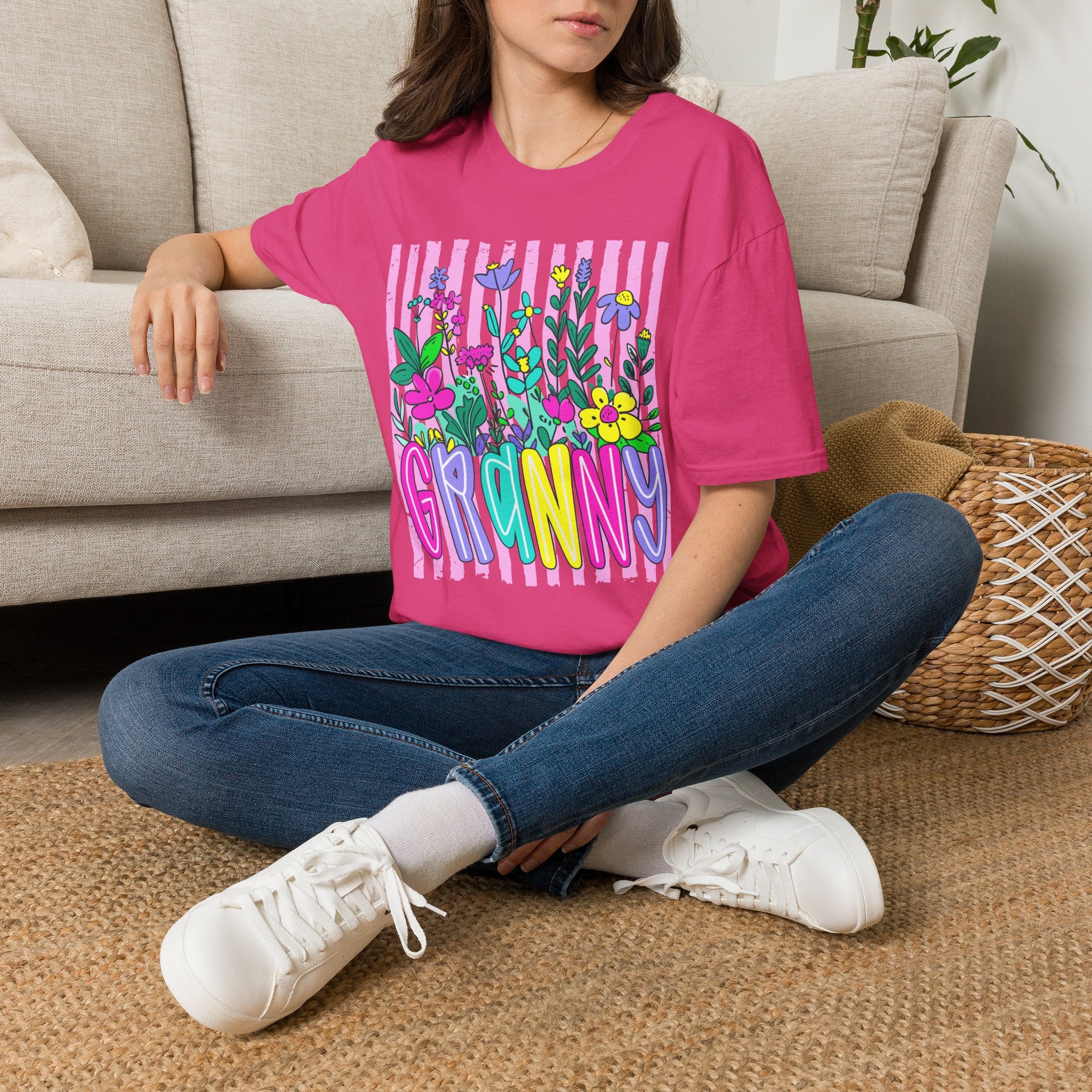 Granny Floral Graphic T-Shirt — Colorful Striped Bouquet Tee