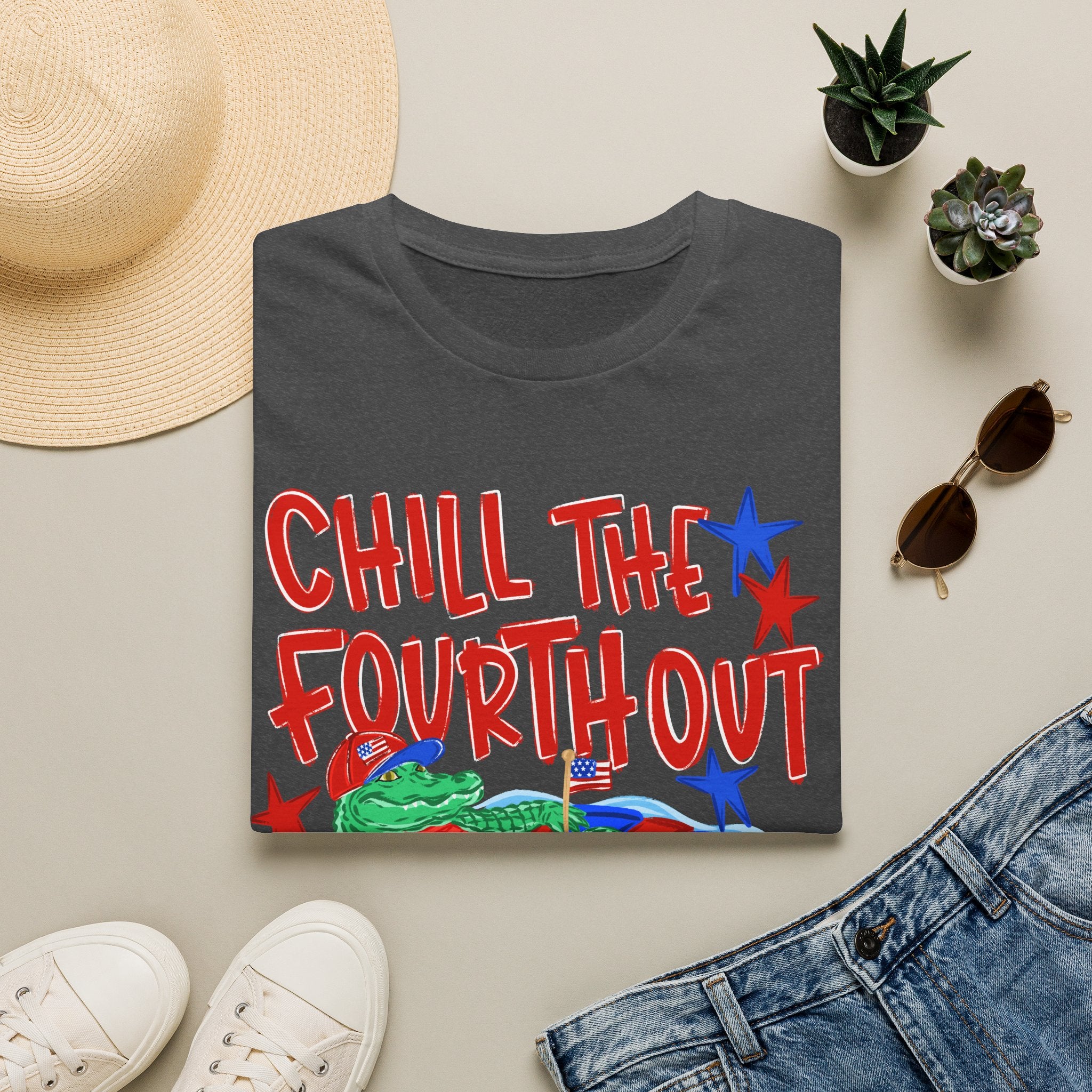 Chill the Fourth Out With Hat T-Shirt — Patriotic Alligator 4th of July Tee
