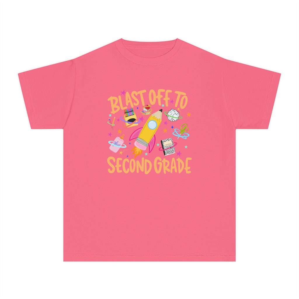 Blast Off to Second Grade Youth Tee — Cute Rocket Back-to-School Shirt for Kids