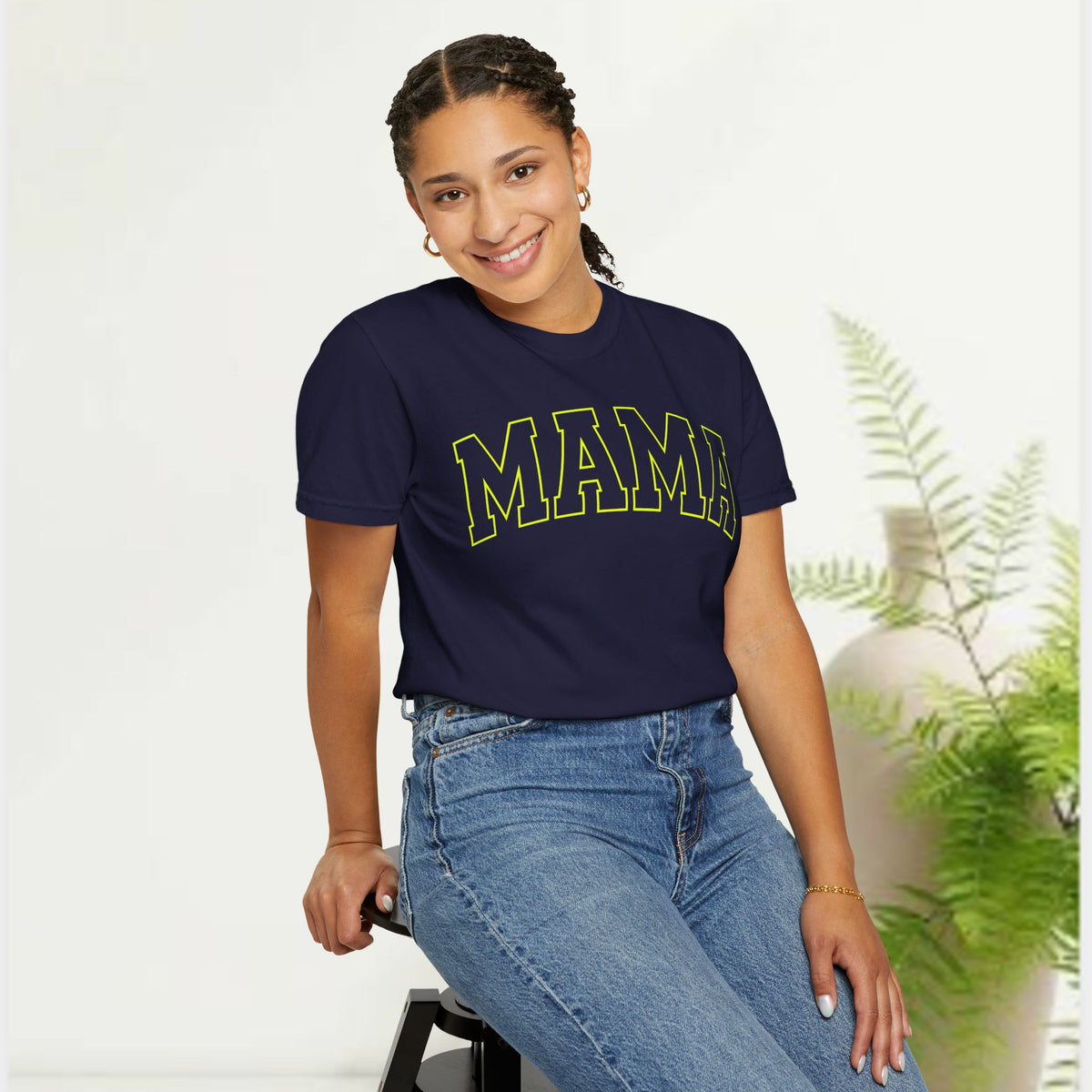 Mama Yellow Graphic T-Shirt — Vintage Collegiate Mom Tee