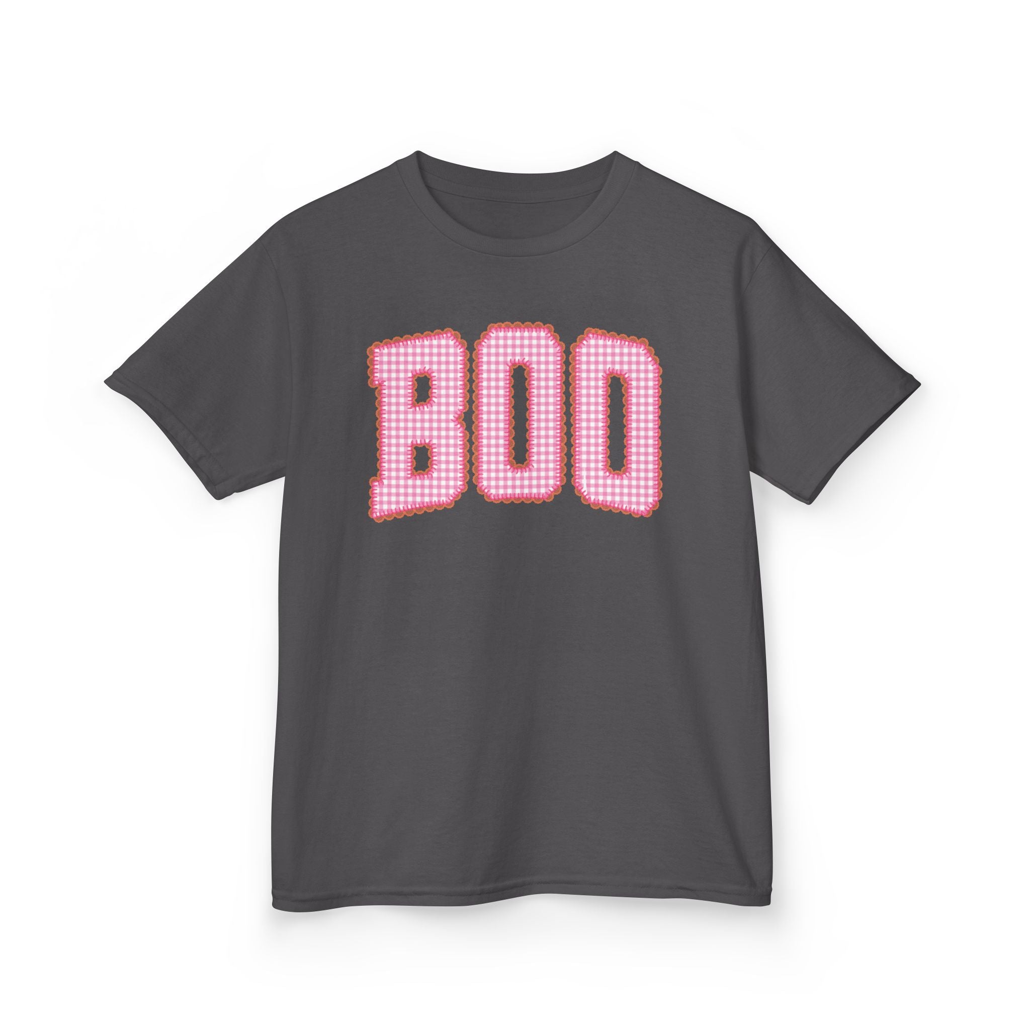 Kids 'BOO' Halloween Tee — Pink Gingham Lettering