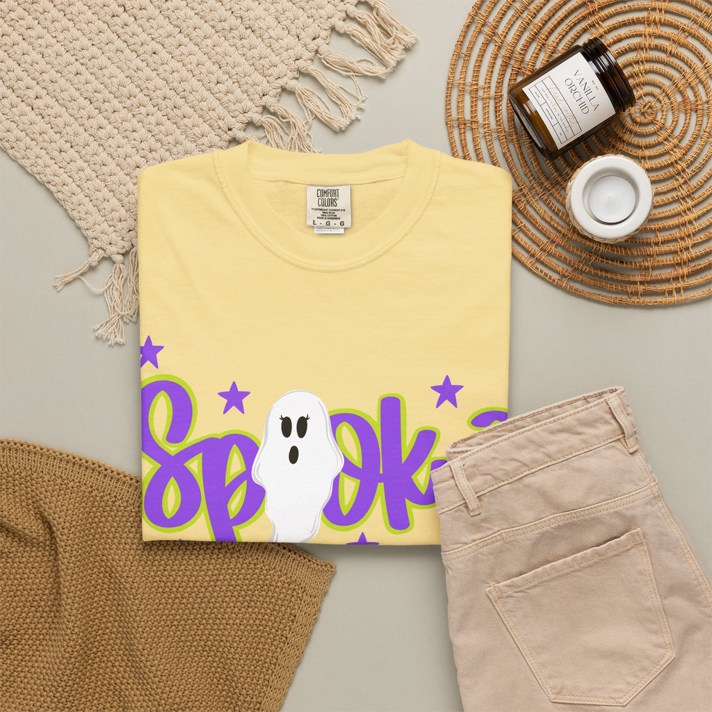 Spooky Ghost Halloween T-Shirt — Orange Graphic Tee with Cute Ghost & Stars
