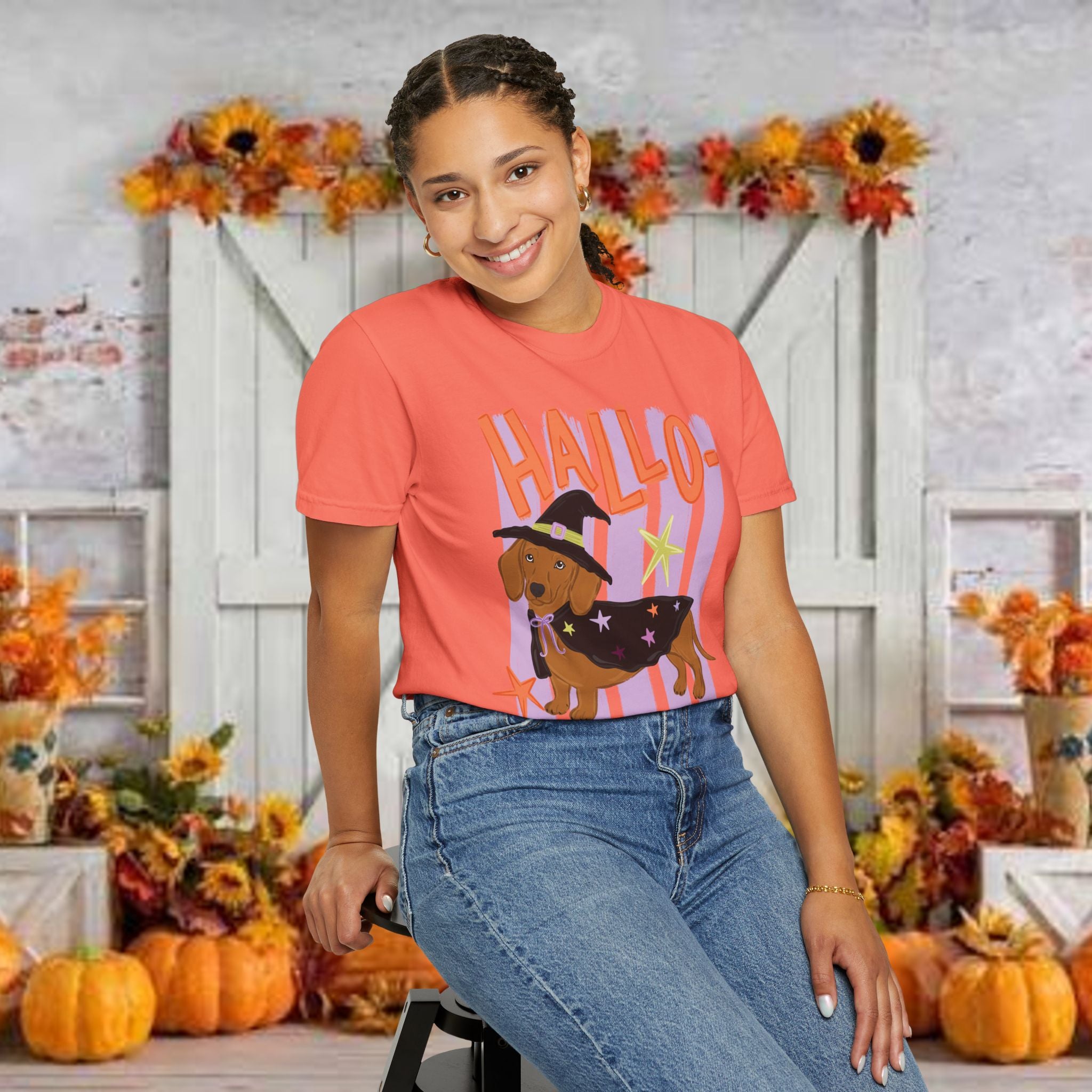 Hallo-Weenie Dachshund T-Shirt — Cute Dog in Witch Costume Graphic Tee