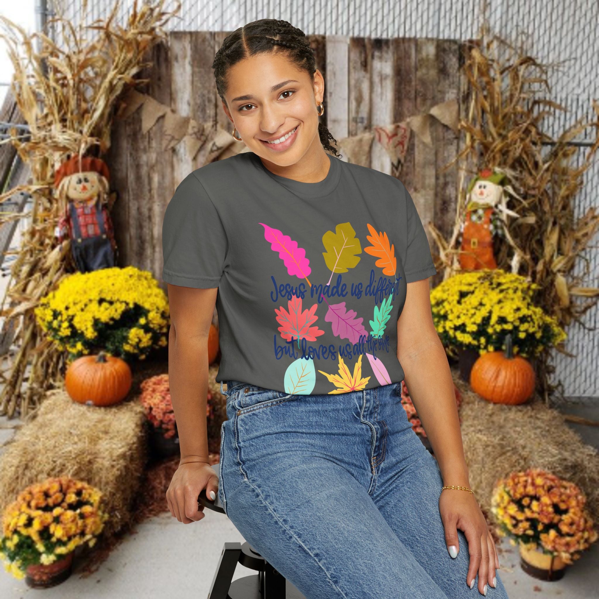 Christian Fall T-Shirt — "Jesus Made Us Different But Loves Us All The Same" (Colorful Leaves)