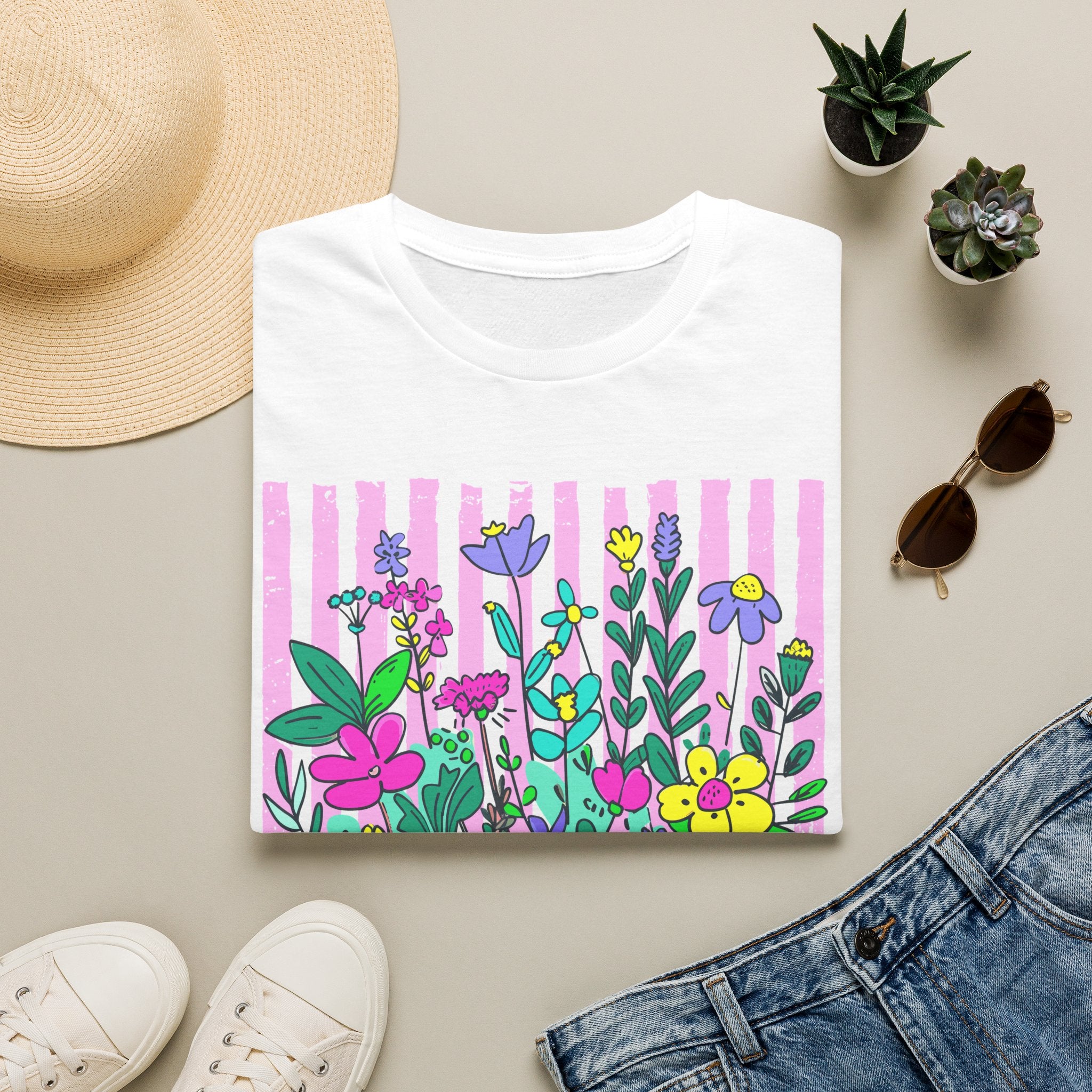 Granny Floral Graphic T-Shirt — Colorful Striped Bouquet Tee