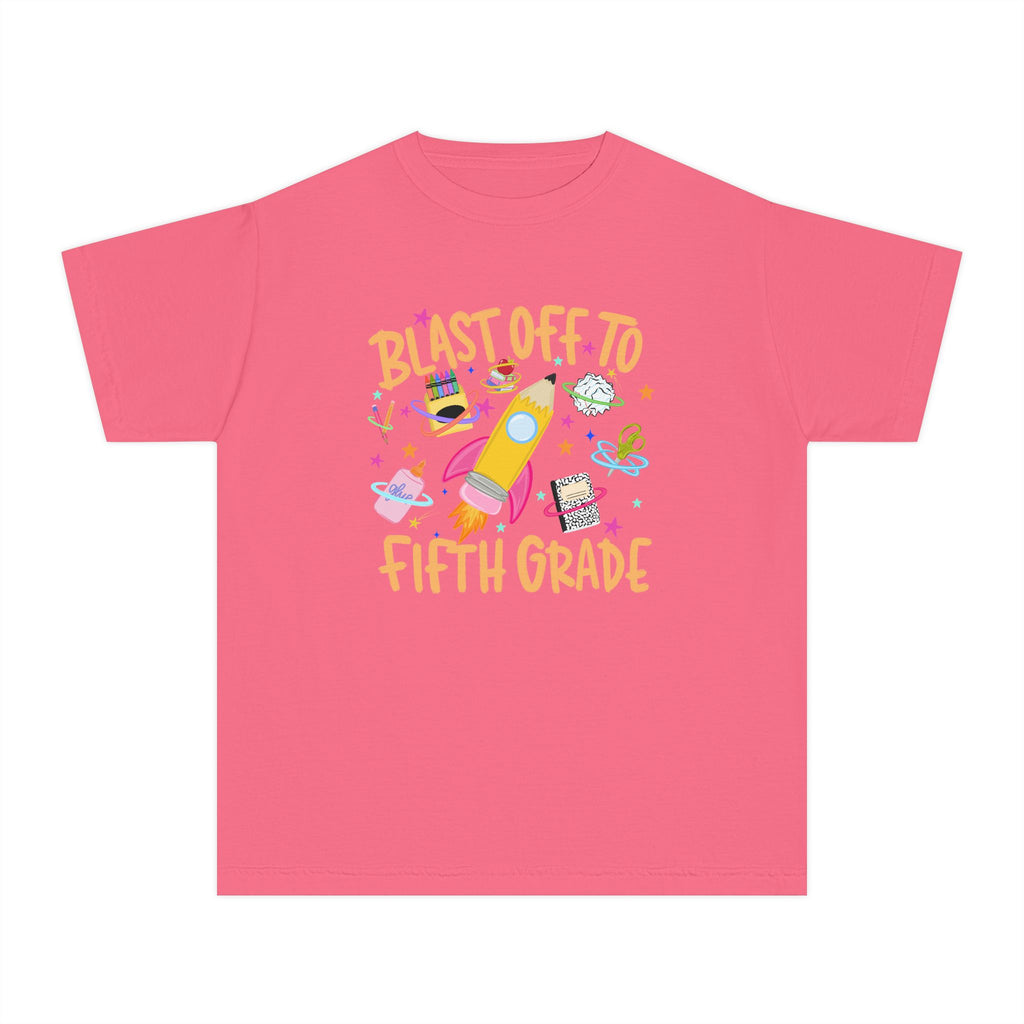 Blast Off to Fifth Grade Youth T‑Shirt — Back to School Rocket Tee