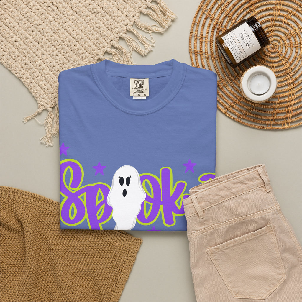 Spooky Ghost Halloween T-Shirt — Orange Graphic Tee with Cute Ghost & Stars