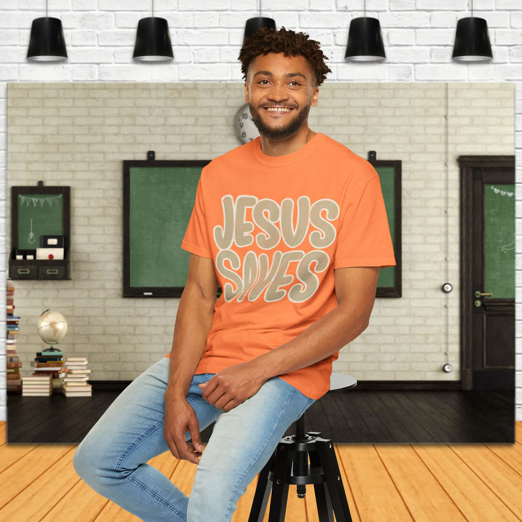 Jesus Saves T-Shirt — Retro Gold Script Christian Tee