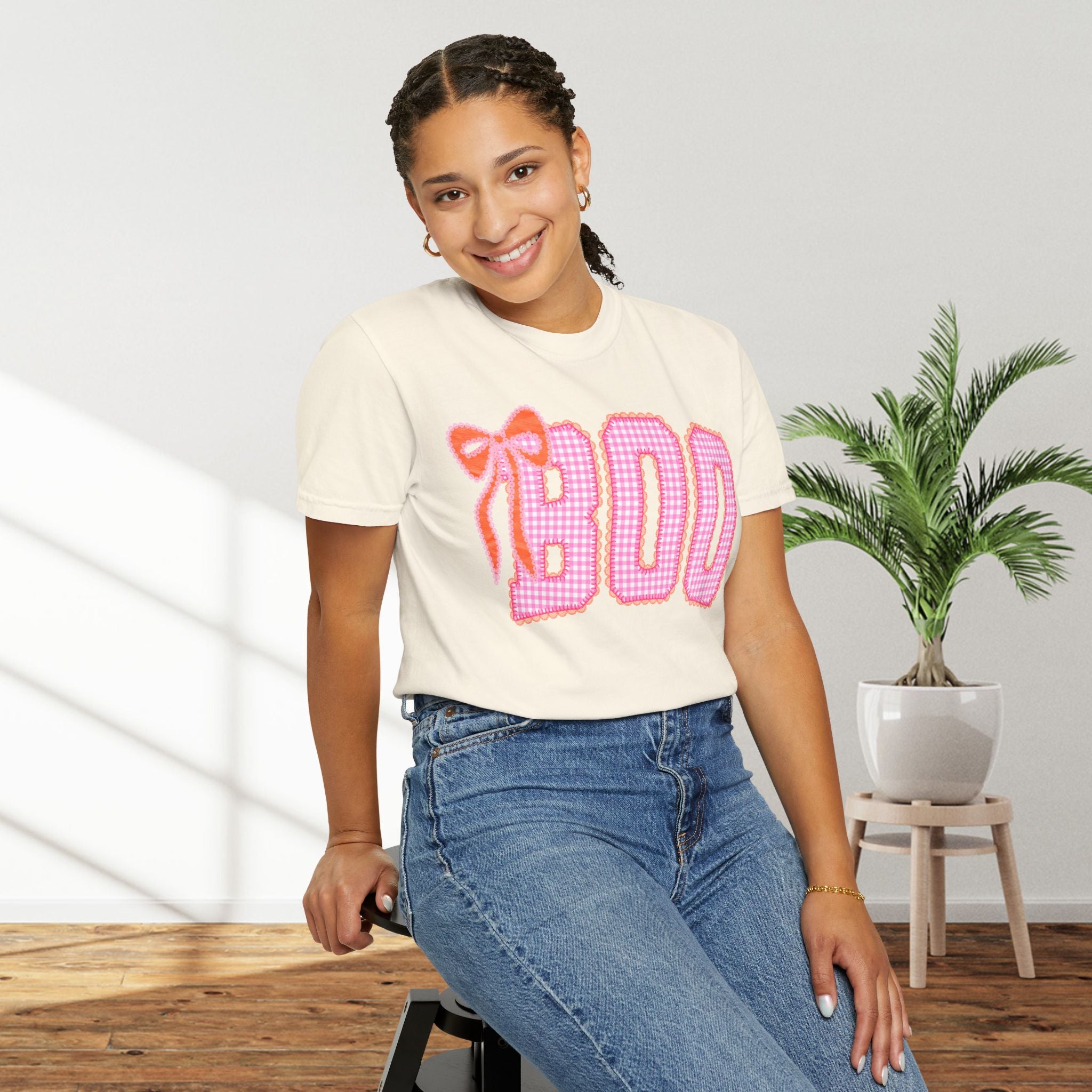 Boo Pink Gingham Graphic T-Shirt with bow