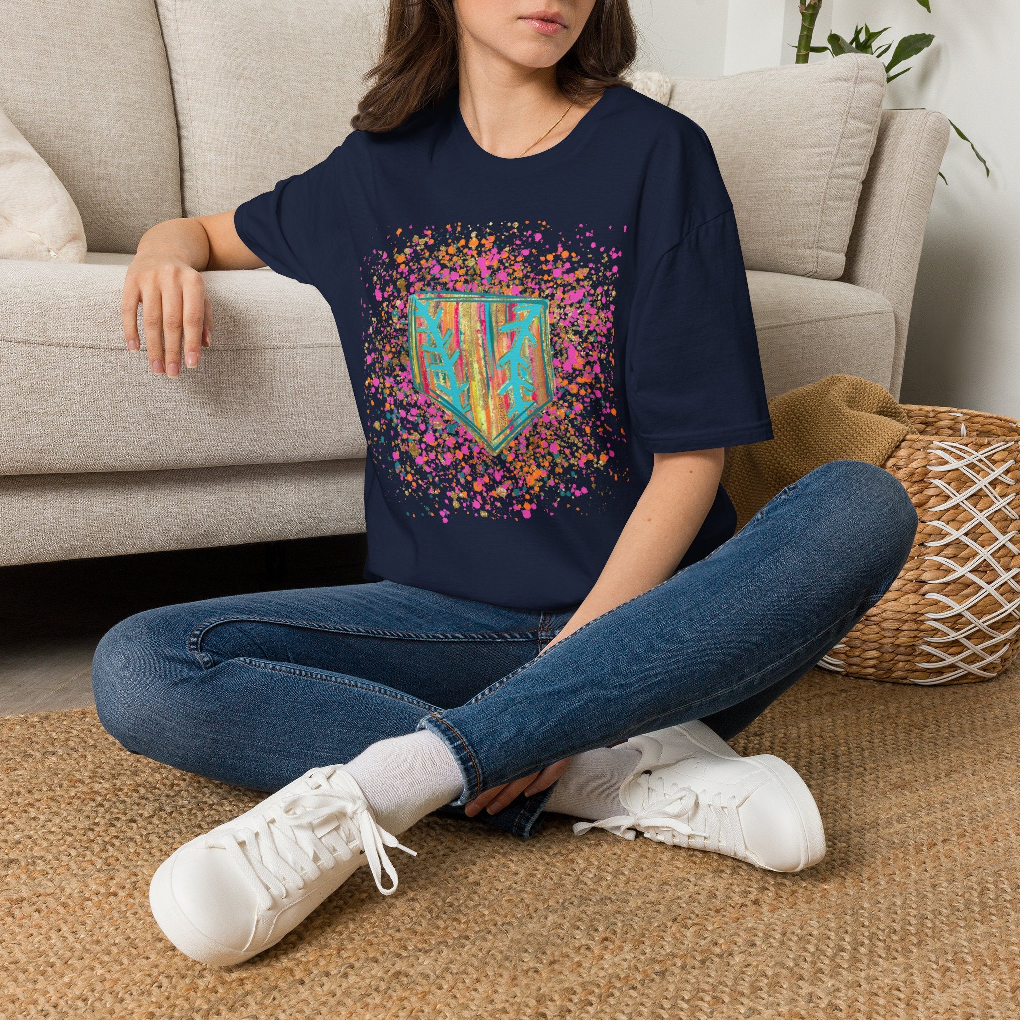 Colorful Floral Shield T-Shirt — Boho Painted Crest Graphic Tee