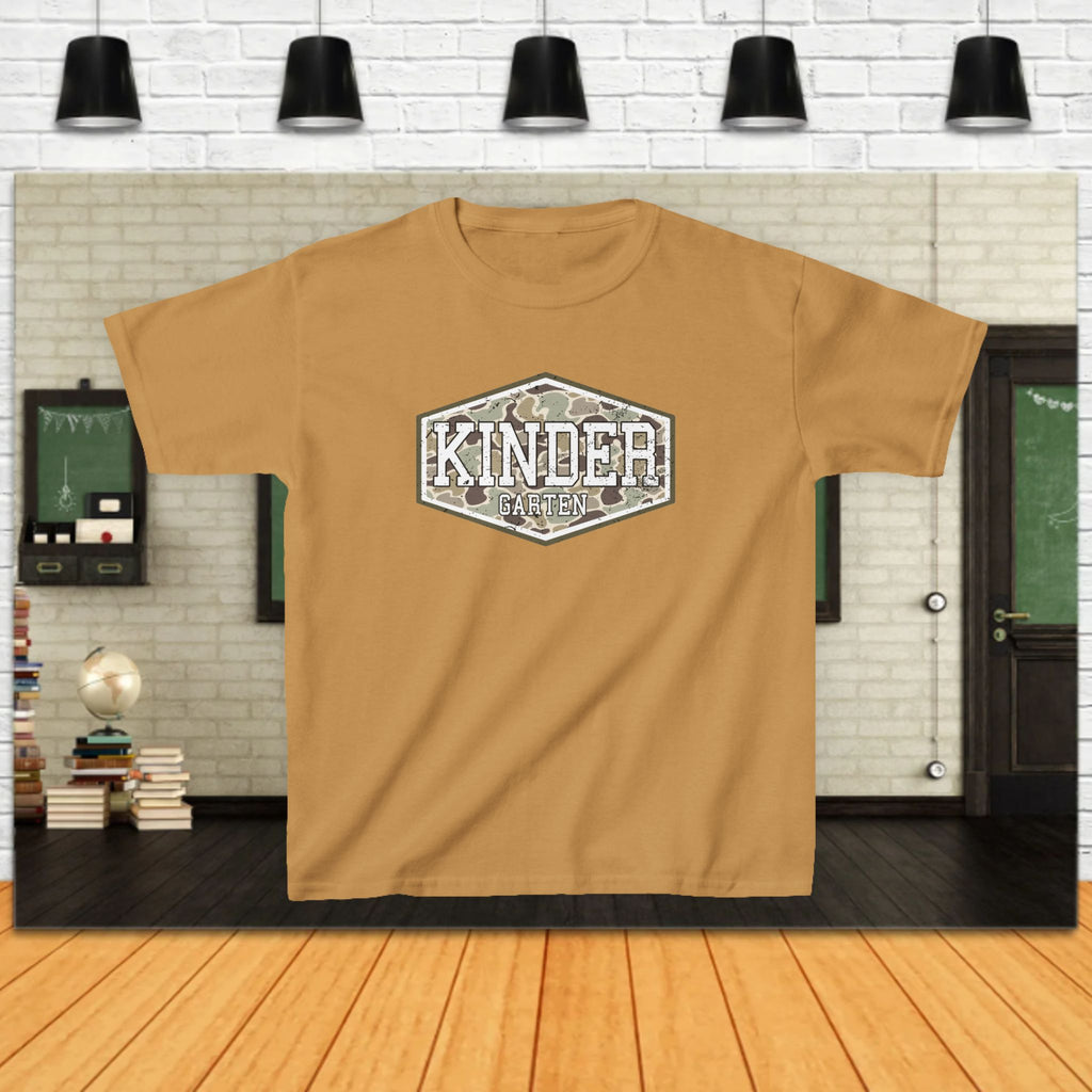 Kinder Camo Kids Tee — 'Kinder' Hex Badge Graphic T-Shirt for Children