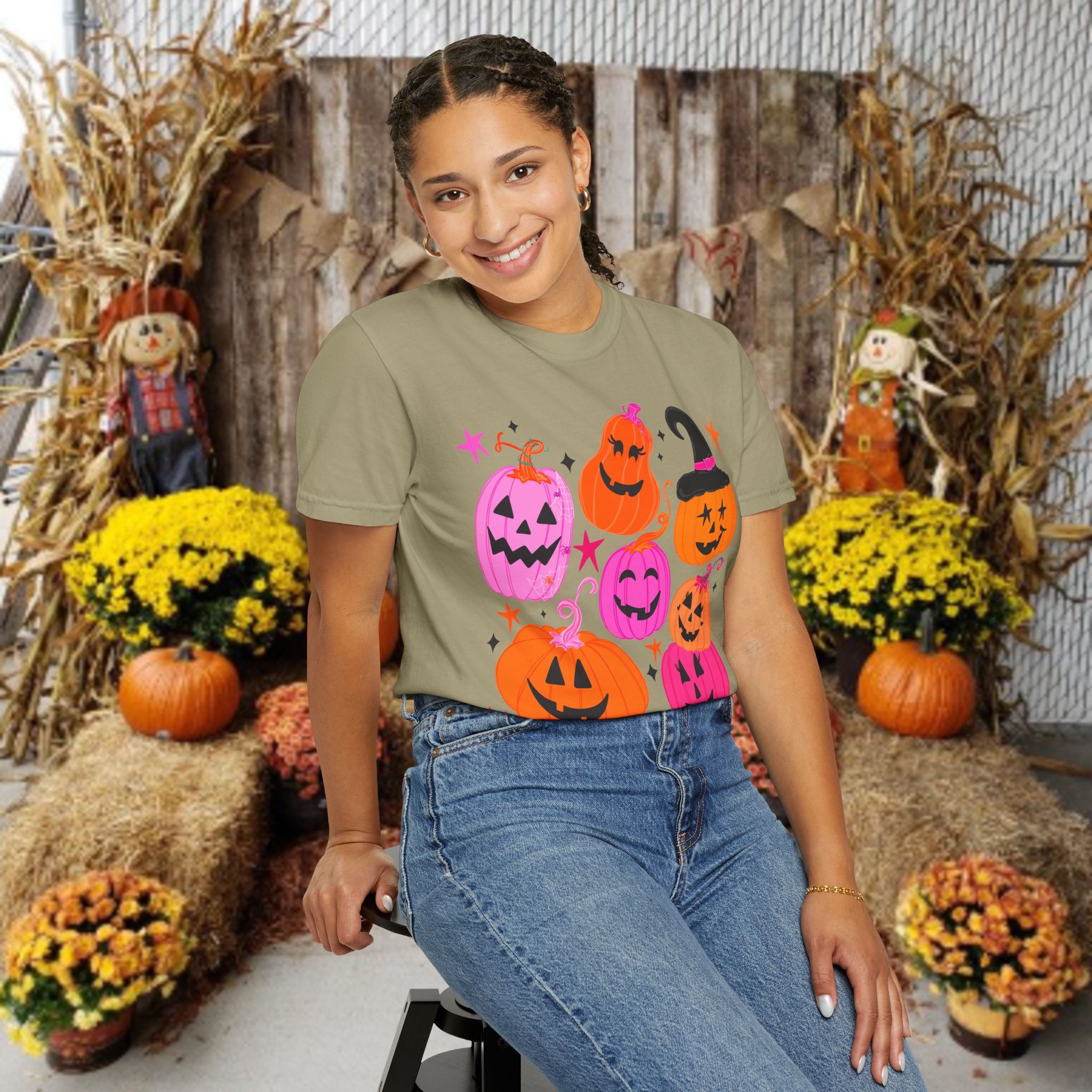 Halloween Pumpkins T-Shirt — Cute Pink & Orange Jack-O'-Lanterns