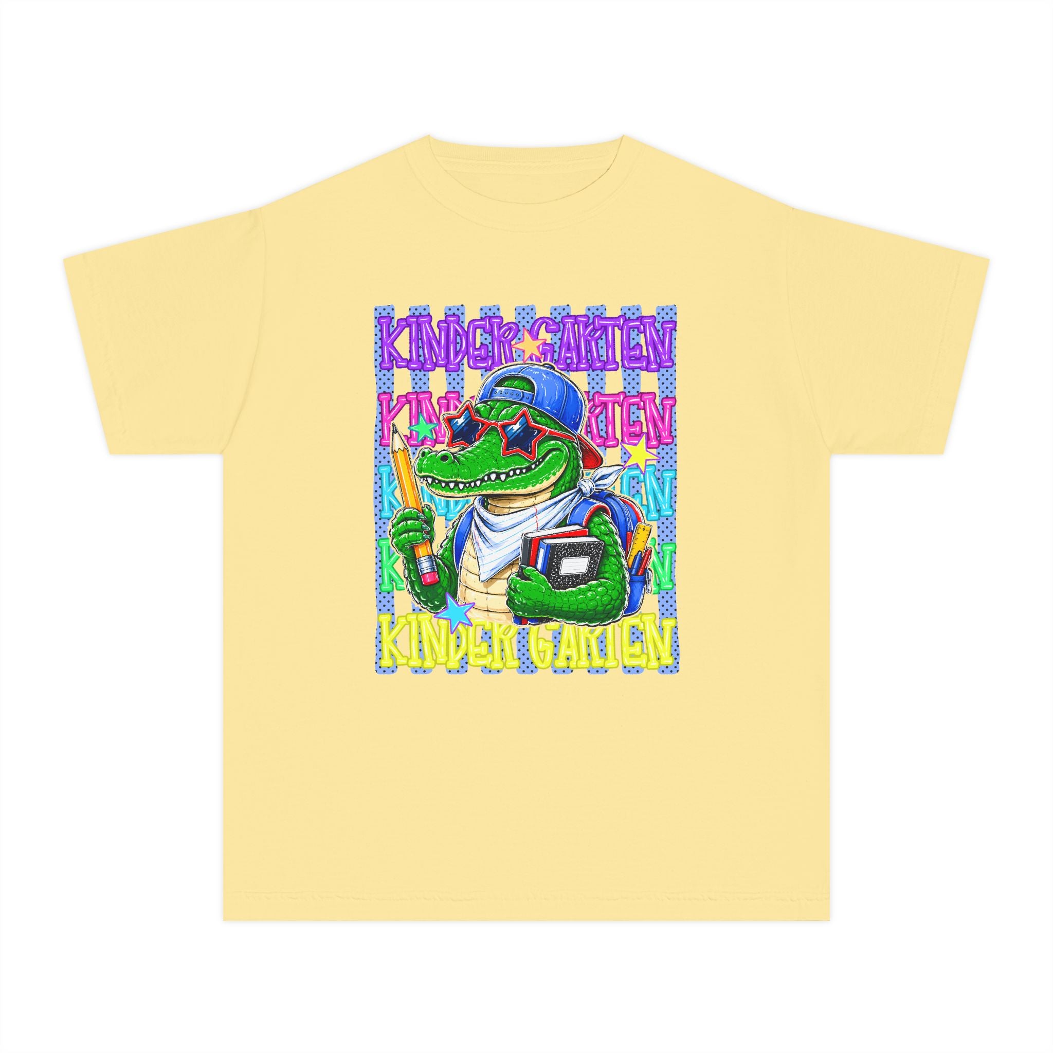Kids Gator Teacher Tee — "Kindergarten" Colorful Alligator School Shirt