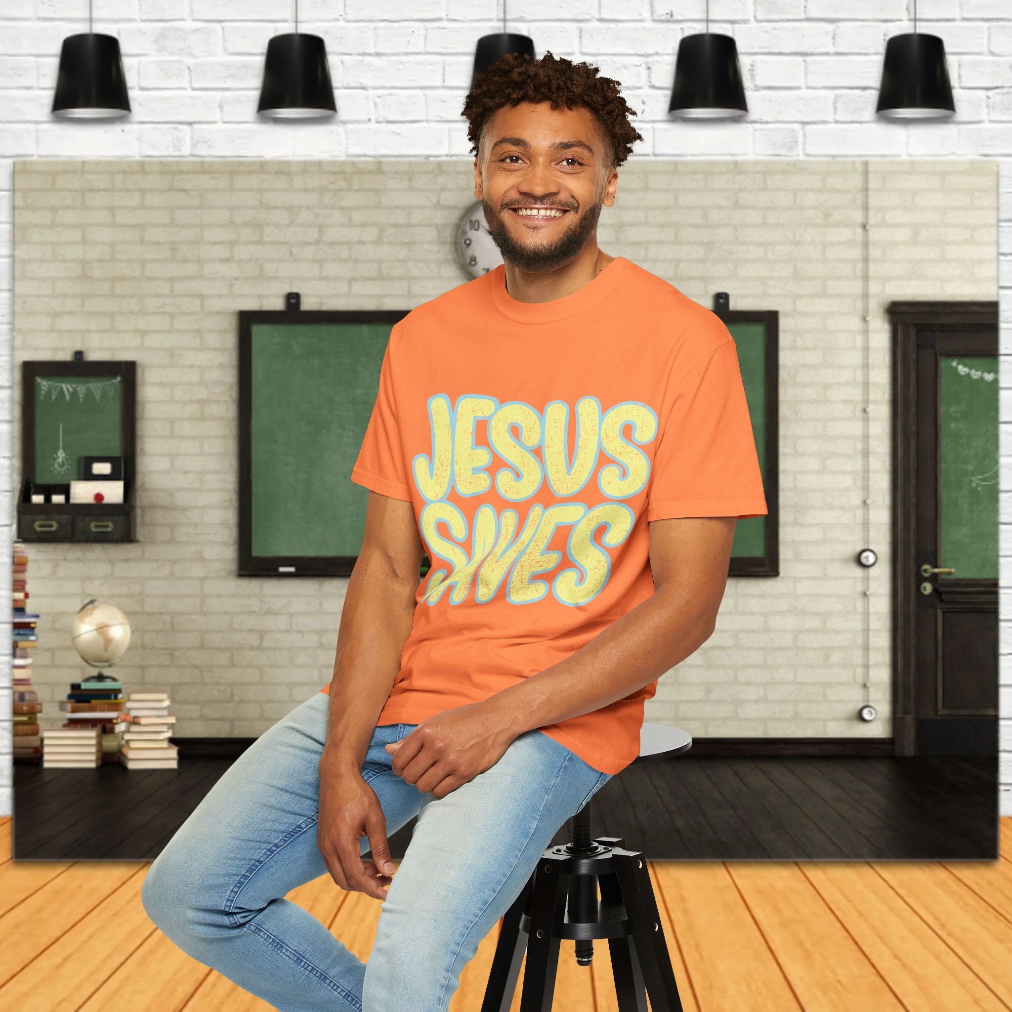 Jesus Saves T‑Shirt — Retro Bubble Text Christian Faith Tee