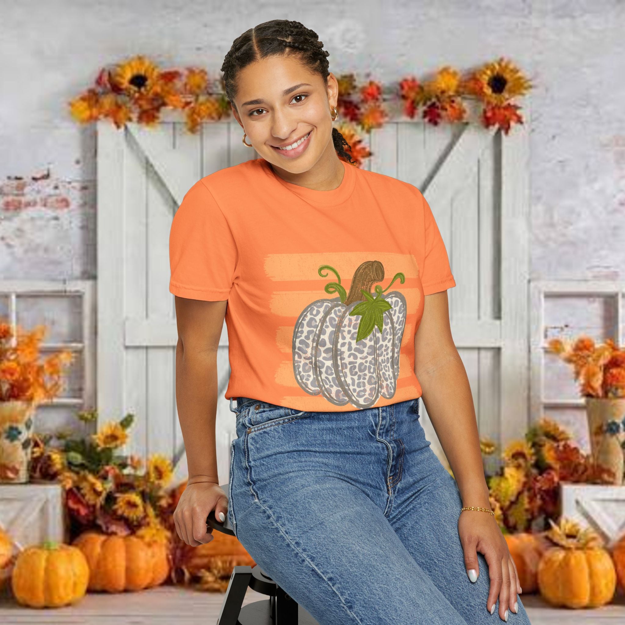 Pumpkin Stripes T-Shirt — Leopard Print Pumpkin Fall Tee